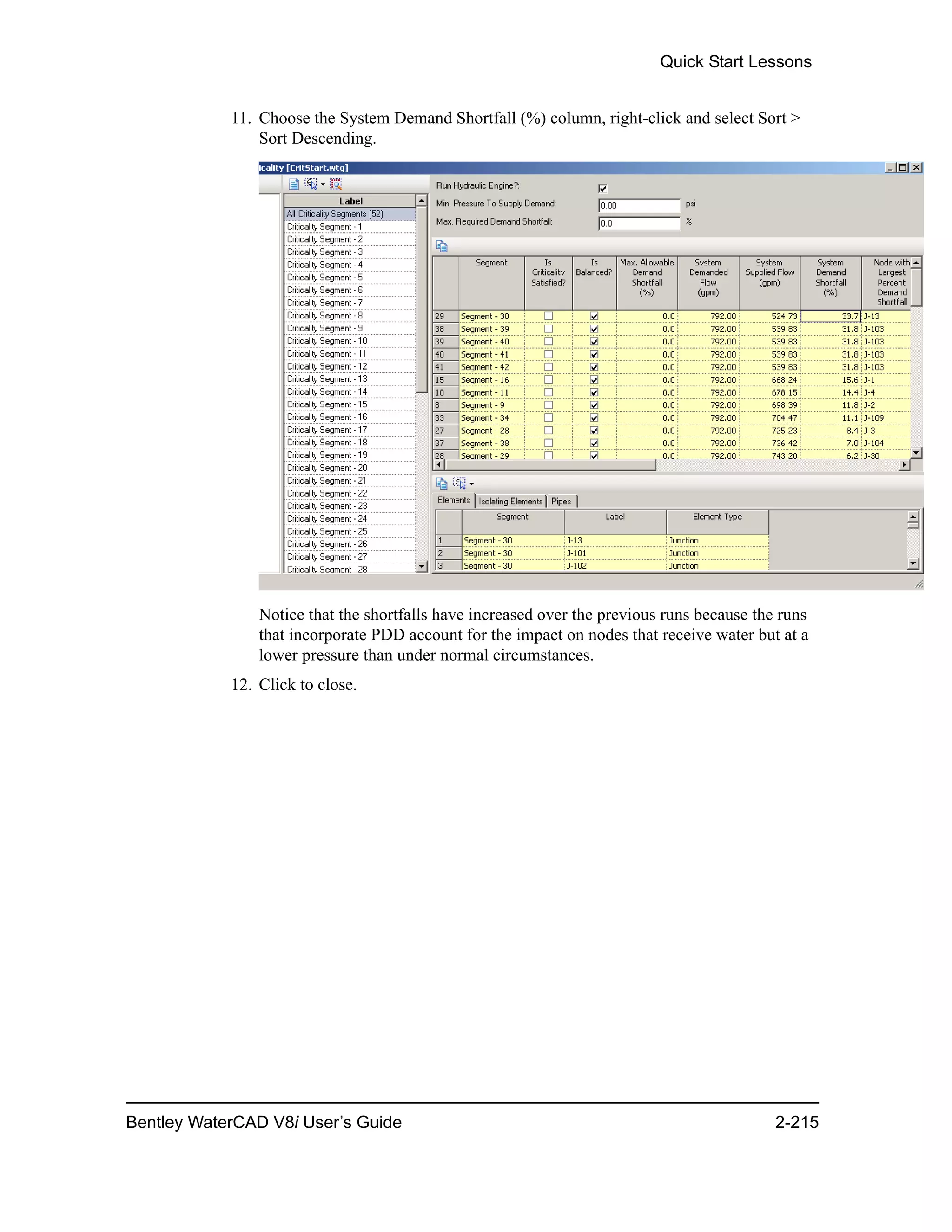 Quick Start Lessons
Bentley WaterCAD V8i User’s Guide 2-215
11. Choose the System Demand Shortfall (%) column, right-click and select Sort >
Sort Descending.
Notice that the shortfalls have increased over the previous runs because the runs
that incorporate PDD account for the impact on nodes that receive water but at a
lower pressure than under normal circumstances.
12. Click to close.
 