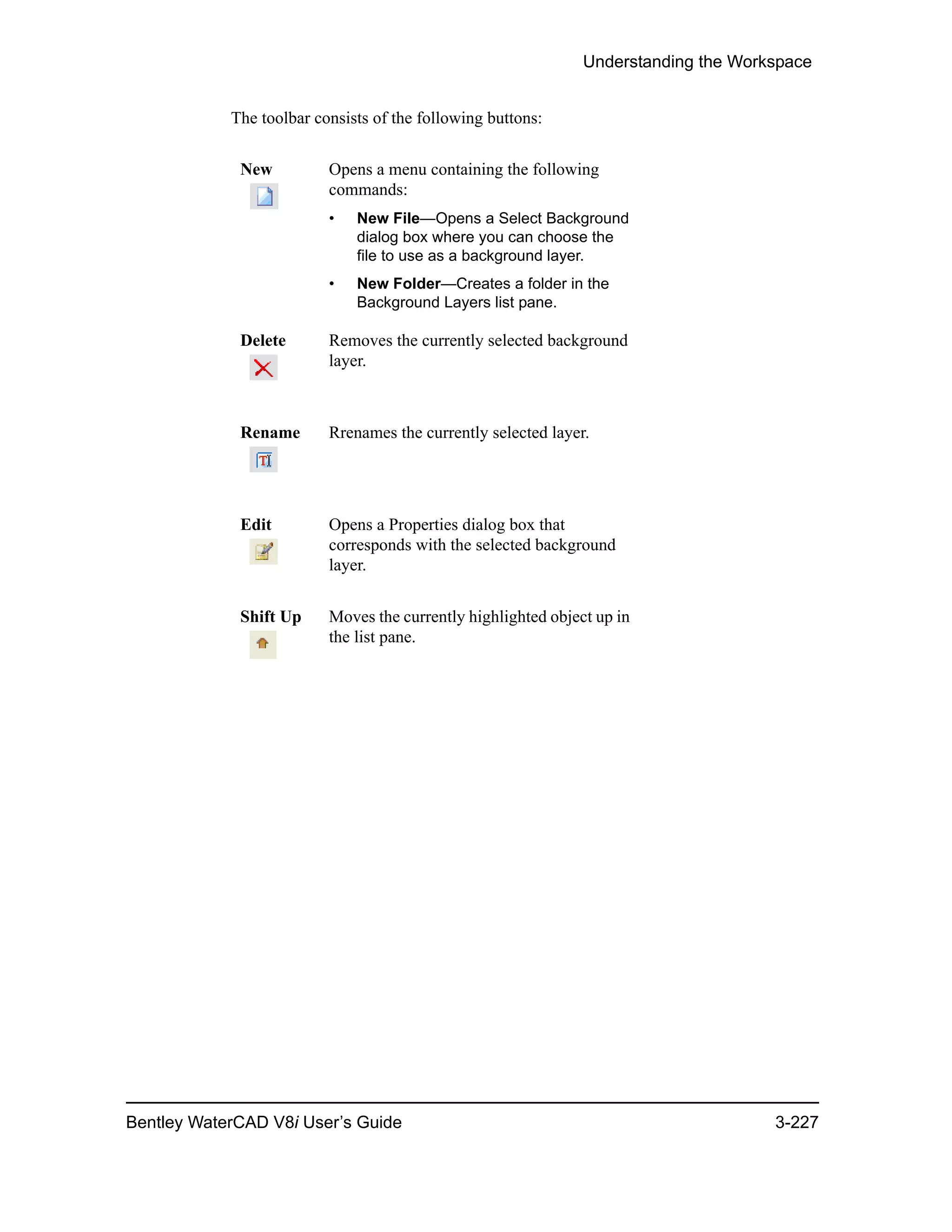 Understanding the Workspace
Bentley WaterCAD V8i User’s Guide 3-227
The toolbar consists of the following buttons:
New Opens a menu containing the following
commands:
• New File—Opens a Select Background
dialog box where you can choose the
file to use as a background layer.
• New Folder—Creates a folder in the
Background Layers list pane.
Delete Removes the currently selected background
layer.
Rename Rrenames the currently selected layer.
Edit Opens a Properties dialog box that
corresponds with the selected background
layer.
Shift Up Moves the currently highlighted object up in
the list pane.
 