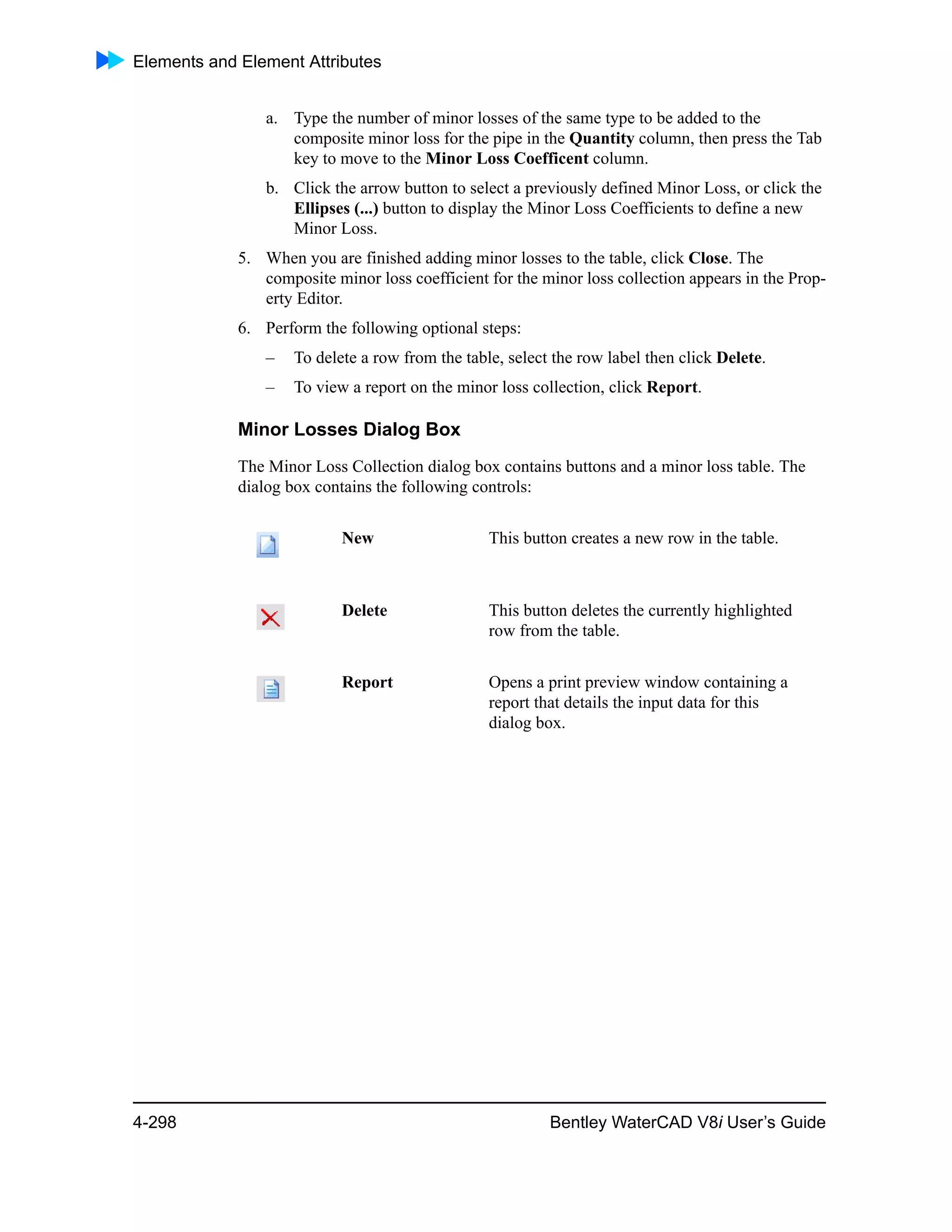Elements and Element Attributes
4-298 Bentley WaterCAD V8i User’s Guide
a. Type the number of minor losses of the same type to be added to the
composite minor loss for the pipe in the Quantity column, then press the Tab
key to move to the Minor Loss Coefficent column.
b. Click the arrow button to select a previously defined Minor Loss, or click the
Ellipses (...) button to display the Minor Loss Coefficients to define a new
Minor Loss.
5. When you are finished adding minor losses to the table, click Close. The
composite minor loss coefficient for the minor loss collection appears in the Prop-
erty Editor.
6. Perform the following optional steps:
– To delete a row from the table, select the row label then click Delete.
– To view a report on the minor loss collection, click Report.
Minor Losses Dialog Box
The Minor Loss Collection dialog box contains buttons and a minor loss table. The
dialog box contains the following controls:
New This button creates a new row in the table.
Delete This button deletes the currently highlighted
row from the table.
Report Opens a print preview window containing a
report that details the input data for this
dialog box.
 
