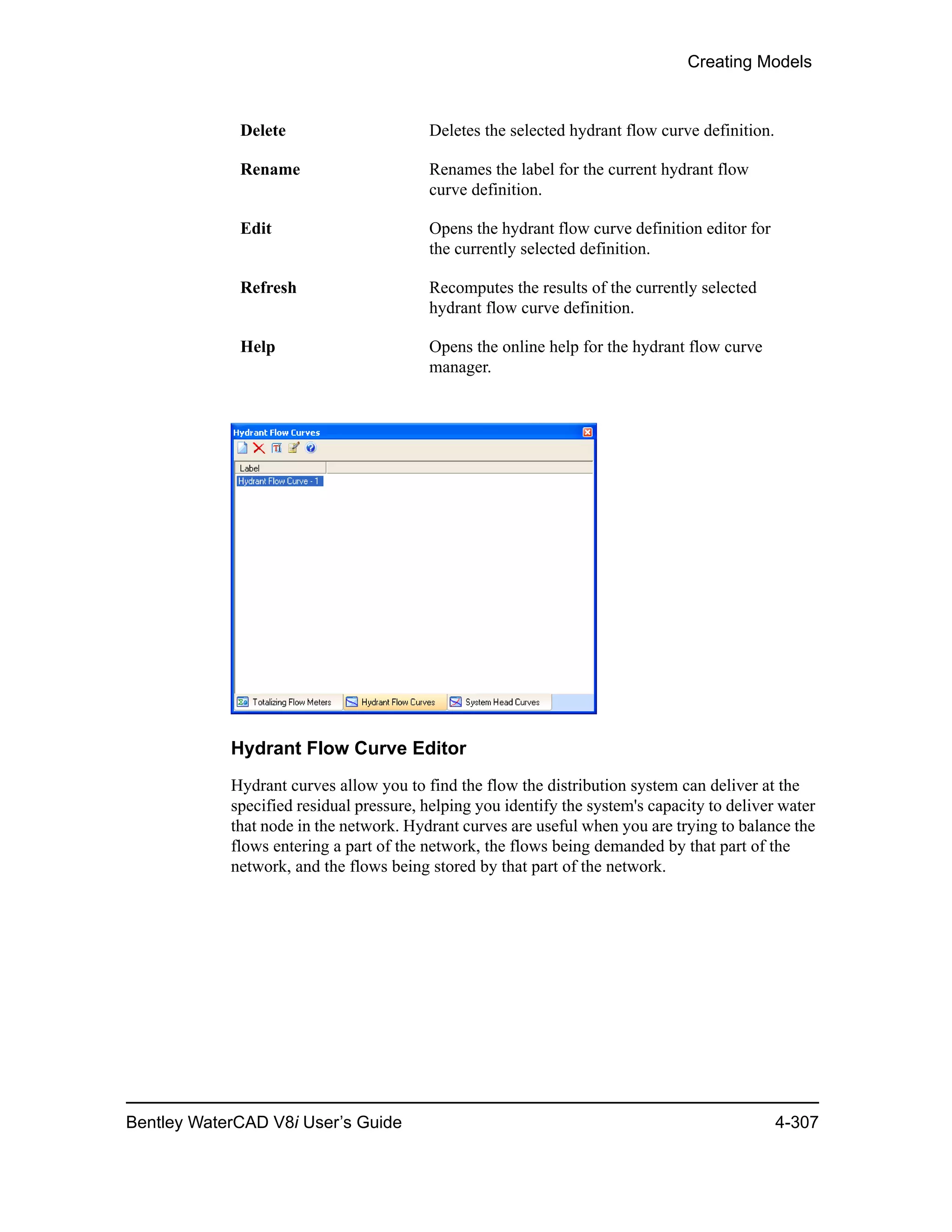 Creating Models
Bentley WaterCAD V8i User’s Guide 4-307
Hydrant Flow Curve Editor
Hydrant curves allow you to find the flow the distribution system can deliver at the
specified residual pressure, helping you identify the system's capacity to deliver water
that node in the network. Hydrant curves are useful when you are trying to balance the
flows entering a part of the network, the flows being demanded by that part of the
network, and the flows being stored by that part of the network.
Delete Deletes the selected hydrant flow curve definition.
Rename Renames the label for the current hydrant flow
curve definition.
Edit Opens the hydrant flow curve definition editor for
the currently selected definition.
Refresh Recomputes the results of the currently selected
hydrant flow curve definition.
Help Opens the online help for the hydrant flow curve
manager.
 