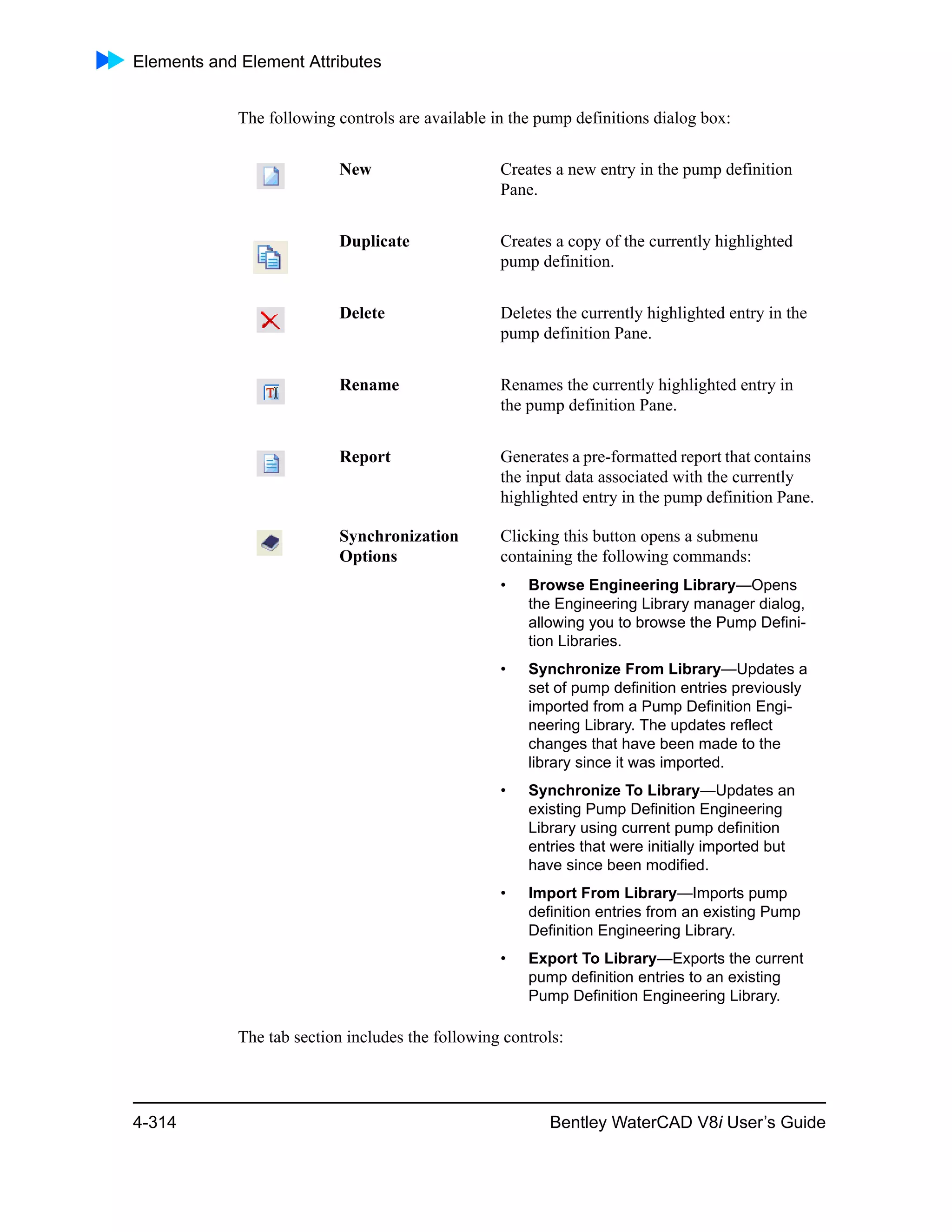 Elements and Element Attributes
4-314 Bentley WaterCAD V8i User’s Guide
The following controls are available in the pump definitions dialog box:
The tab section includes the following controls:
New Creates a new entry in the pump definition
Pane.
Duplicate Creates a copy of the currently highlighted
pump definition.
Delete Deletes the currently highlighted entry in the
pump definition Pane.
Rename Renames the currently highlighted entry in
the pump definition Pane.
Report Generates a pre-formatted report that contains
the input data associated with the currently
highlighted entry in the pump definition Pane.
Synchronization
Options
Clicking this button opens a submenu
containing the following commands:
• Browse Engineering Library—Opens
the Engineering Library manager dialog,
allowing you to browse the Pump Defini-
tion Libraries.
• Synchronize From Library—Updates a
set of pump definition entries previously
imported from a Pump Definition Engi-
neering Library. The updates reflect
changes that have been made to the
library since it was imported.
• Synchronize To Library—Updates an
existing Pump Definition Engineering
Library using current pump definition
entries that were initially imported but
have since been modified.
• Import From Library—Imports pump
definition entries from an existing Pump
Definition Engineering Library.
• Export To Library—Exports the current
pump definition entries to an existing
Pump Definition Engineering Library.
 
