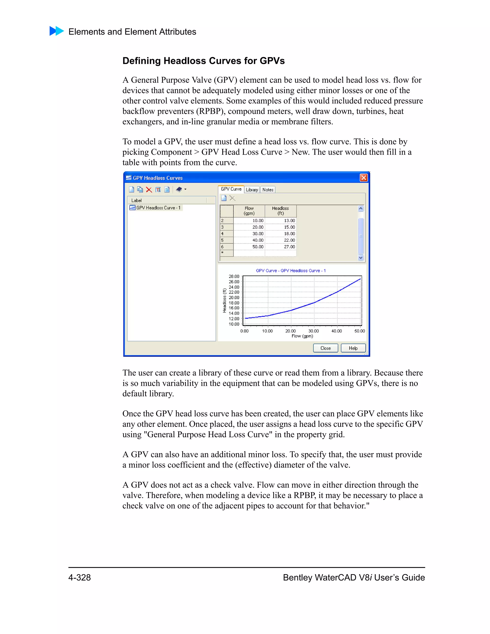 Elements and Element Attributes
4-328 Bentley WaterCAD V8i User’s Guide
Defining Headloss Curves for GPVs
A General Purpose Valve (GPV) element can be used to model head loss vs. flow for
devices that cannot be adequately modeled using either minor losses or one of the
other control valve elements. Some examples of this would included reduced pressure
backflow preventers (RPBP), compound meters, well draw down, turbines, heat
exchangers, and in-line granular media or membrane filters.
To model a GPV, the user must define a head loss vs. flow curve. This is done by
picking Component > GPV Head Loss Curve > New. The user would then fill in a
table with points from the curve.
The user can create a library of these curve or read them from a library. Because there
is so much variability in the equipment that can be modeled using GPVs, there is no
default library.
Once the GPV head loss curve has been created, the user can place GPV elements like
any other element. Once placed, the user assigns a head loss curve to the specific GPV
using "General Purpose Head Loss Curve" in the property grid.
A GPV can also have an additional minor loss. To specify that, the user must provide
a minor loss coefficient and the (effective) diameter of the valve.
A GPV does not act as a check valve. Flow can move in either direction through the
valve. Therefore, when modeling a device like a RPBP, it may be necessary to place a
check valve on one of the adjacent pipes to account for that behavior."
 