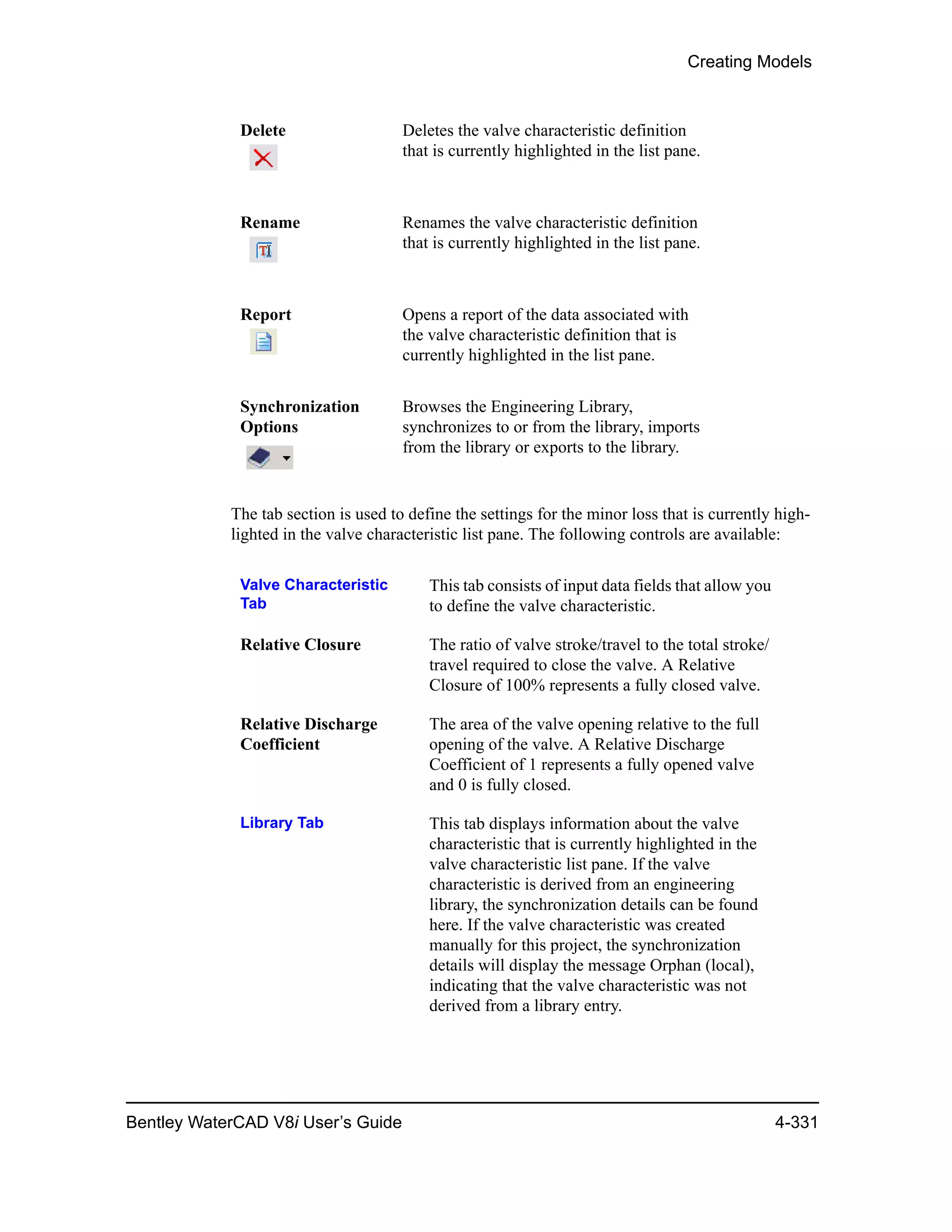 Creating Models
Bentley WaterCAD V8i User’s Guide 4-331
The tab section is used to define the settings for the minor loss that is currently high-
lighted in the valve characteristic list pane. The following controls are available:
Delete Deletes the valve characteristic definition
that is currently highlighted in the list pane.
Rename Renames the valve characteristic definition
that is currently highlighted in the list pane.
Report Opens a report of the data associated with
the valve characteristic definition that is
currently highlighted in the list pane.
Synchronization
Options
Browses the Engineering Library,
synchronizes to or from the library, imports
from the library or exports to the library.
Valve Characteristic
Tab
This tab consists of input data fields that allow you
to define the valve characteristic.
Relative Closure The ratio of valve stroke/travel to the total stroke/
travel required to close the valve. A Relative
Closure of 100% represents a fully closed valve.
Relative Discharge
Coefficient
The area of the valve opening relative to the full
opening of the valve. A Relative Discharge
Coefficient of 1 represents a fully opened valve
and 0 is fully closed.
Library Tab This tab displays information about the valve
characteristic that is currently highlighted in the
valve characteristic list pane. If the valve
characteristic is derived from an engineering
library, the synchronization details can be found
here. If the valve characteristic was created
manually for this project, the synchronization
details will display the message Orphan (local),
indicating that the valve characteristic was not
derived from a library entry.
 