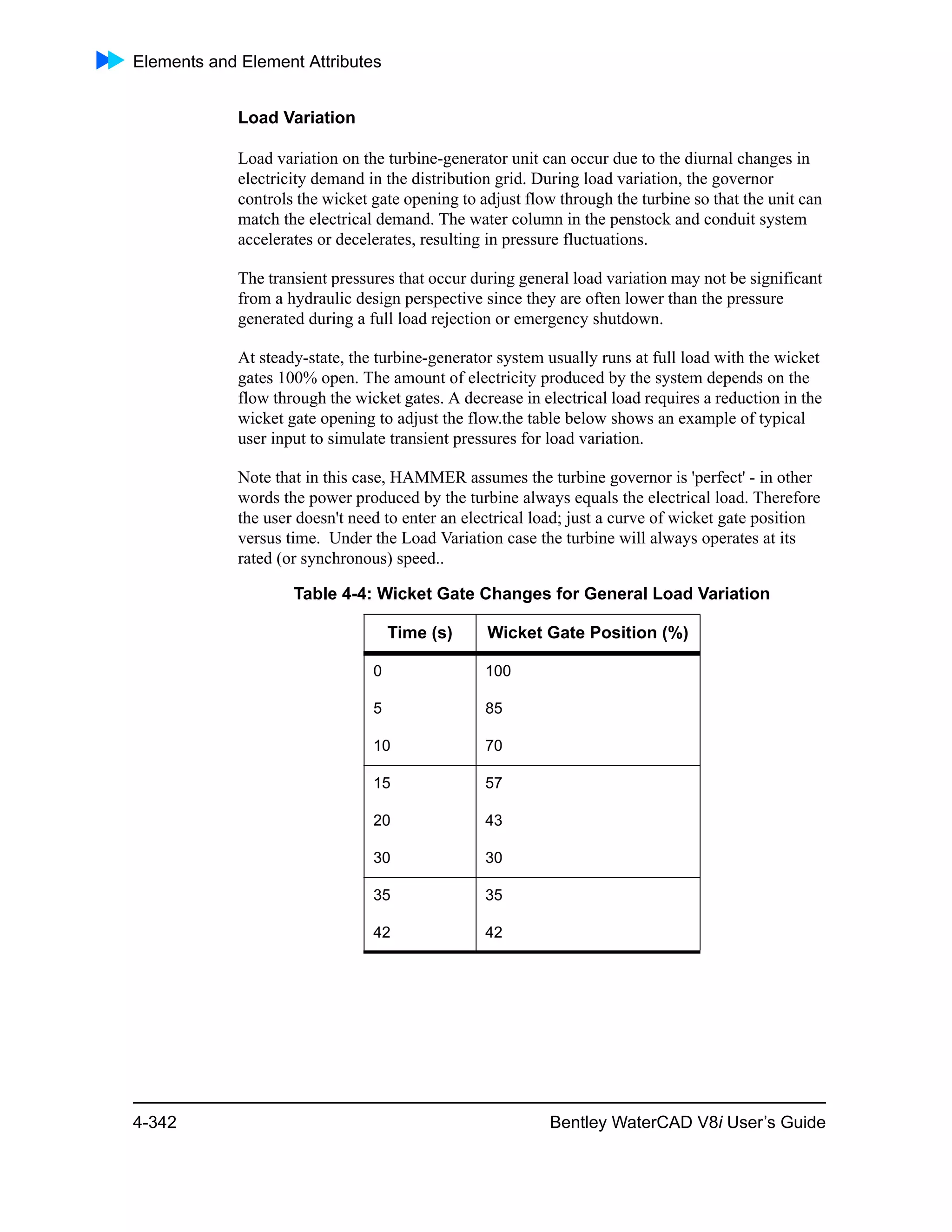 Elements and Element Attributes
4-342 Bentley WaterCAD V8i User’s Guide
Load Variation
Load variation on the turbine-generator unit can occur due to the diurnal changes in
electricity demand in the distribution grid. During load variation, the governor
controls the wicket gate opening to adjust flow through the turbine so that the unit can
match the electrical demand. The water column in the penstock and conduit system
accelerates or decelerates, resulting in pressure fluctuations.
The transient pressures that occur during general load variation may not be significant
from a hydraulic design perspective since they are often lower than the pressure
generated during a full load rejection or emergency shutdown.
At steady-state, the turbine-generator system usually runs at full load with the wicket
gates 100% open. The amount of electricity produced by the system depends on the
flow through the wicket gates. A decrease in electrical load requires a reduction in the
wicket gate opening to adjust the flow.the table below shows an example of typical
user input to simulate transient pressures for load variation.
Note that in this case, HAMMER assumes the turbine governor is 'perfect' - in other
words the power produced by the turbine always equals the electrical load. Therefore
the user doesn't need to enter an electrical load; just a curve of wicket gate position
versus time. Under the Load Variation case the turbine will always operates at its
rated (or synchronous) speed..
Table 4-4: Wicket Gate Changes for General Load Variation
Time (s) Wicket Gate Position (%)
0 100
5 85
10 70
15 57
20 43
30 30
35 35
42 42
 