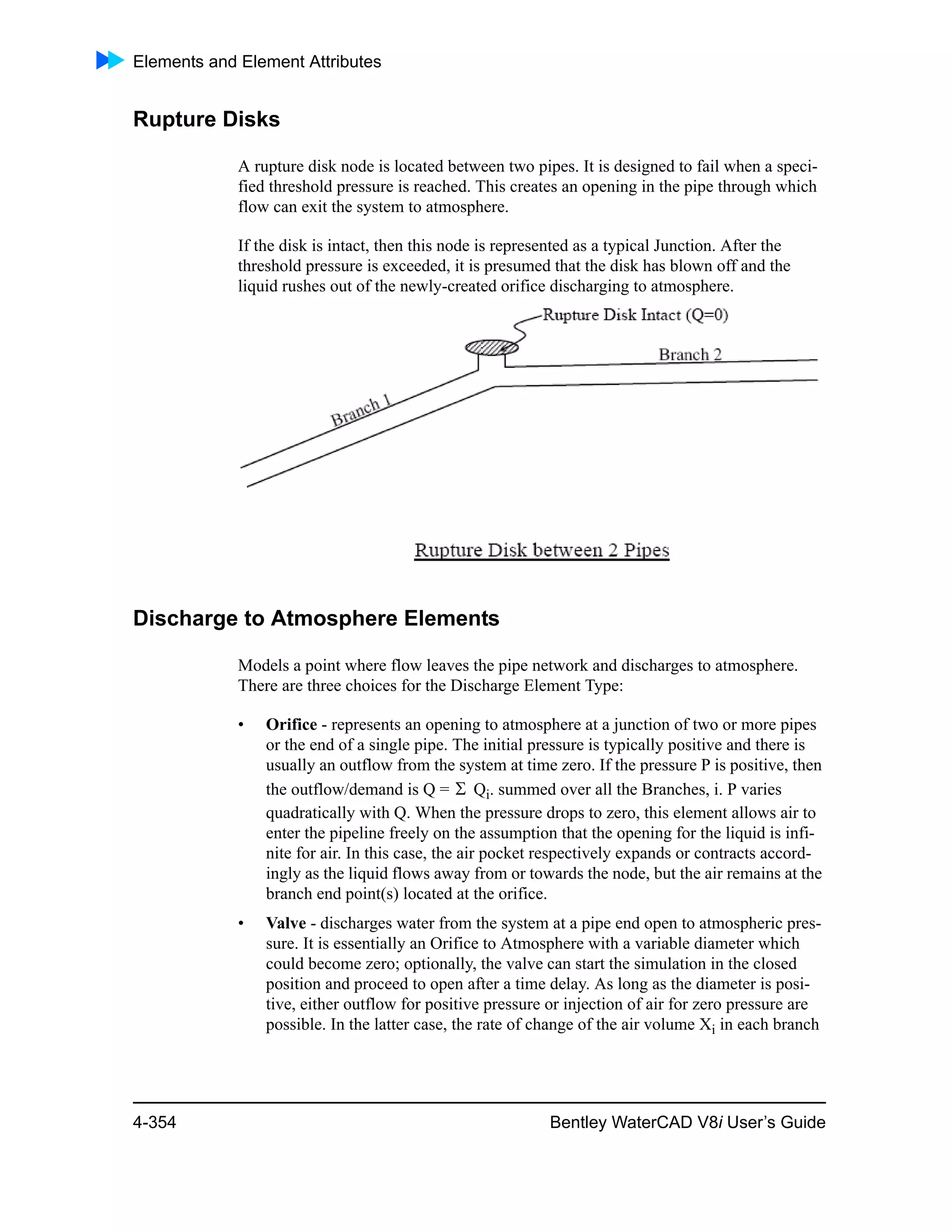 Elements and Element Attributes
4-354 Bentley WaterCAD V8i User’s Guide
Rupture Disks
A rupture disk node is located between two pipes. It is designed to fail when a speci-
fied threshold pressure is reached. This creates an opening in the pipe through which
flow can exit the system to atmosphere.
If the disk is intact, then this node is represented as a typical Junction. After the
threshold pressure is exceeded, it is presumed that the disk has blown off and the
liquid rushes out of the newly-created orifice discharging to atmosphere.
Discharge to Atmosphere Elements
Models a point where flow leaves the pipe network and discharges to atmosphere.
There are three choices for the Discharge Element Type:
• Orifice - represents an opening to atmosphere at a junction of two or more pipes
or the end of a single pipe. The initial pressure is typically positive and there is
usually an outflow from the system at time zero. If the pressure P is positive, then
the outflow/demand is Q = Qi. summed over all the Branches, i. P varies
quadratically with Q. When the pressure drops to zero, this element allows air to
enter the pipeline freely on the assumption that the opening for the liquid is infi-
nite for air. In this case, the air pocket respectively expands or contracts accord-
ingly as the liquid flows away from or towards the node, but the air remains at the
branch end point(s) located at the orifice.
• Valve - discharges water from the system at a pipe end open to atmospheric pres-
sure. It is essentially an Orifice to Atmosphere with a variable diameter which
could become zero; optionally, the valve can start the simulation in the closed
position and proceed to open after a time delay. As long as the diameter is posi-
tive, either outflow for positive pressure or injection of air for zero pressure are
possible. In the latter case, the rate of change of the air volume Xi in each branch

 