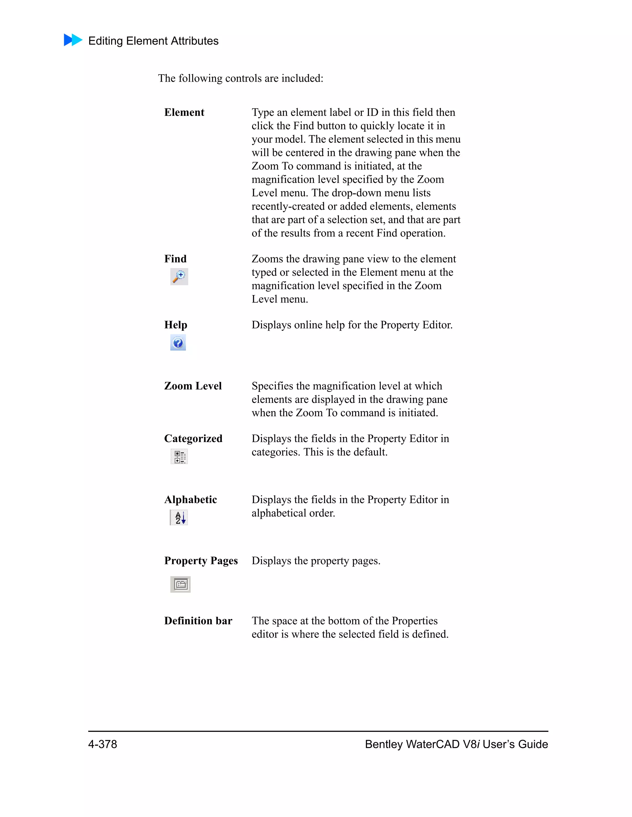 Editing Element Attributes
4-378 Bentley WaterCAD V8i User’s Guide
The following controls are included:
Element Type an element label or ID in this field then
click the Find button to quickly locate it in
your model. The element selected in this menu
will be centered in the drawing pane when the
Zoom To command is initiated, at the
magnification level specified by the Zoom
Level menu. The drop-down menu lists
recently-created or added elements, elements
that are part of a selection set, and that are part
of the results from a recent Find operation.
Find Zooms the drawing pane view to the element
typed or selected in the Element menu at the
magnification level specified in the Zoom
Level menu.
Help Displays online help for the Property Editor.
Zoom Level Specifies the magnification level at which
elements are displayed in the drawing pane
when the Zoom To command is initiated.
Categorized Displays the fields in the Property Editor in
categories. This is the default.
Alphabetic Displays the fields in the Property Editor in
alphabetical order.
Property Pages Displays the property pages.
Definition bar The space at the bottom of the Properties
editor is where the selected field is defined.
 