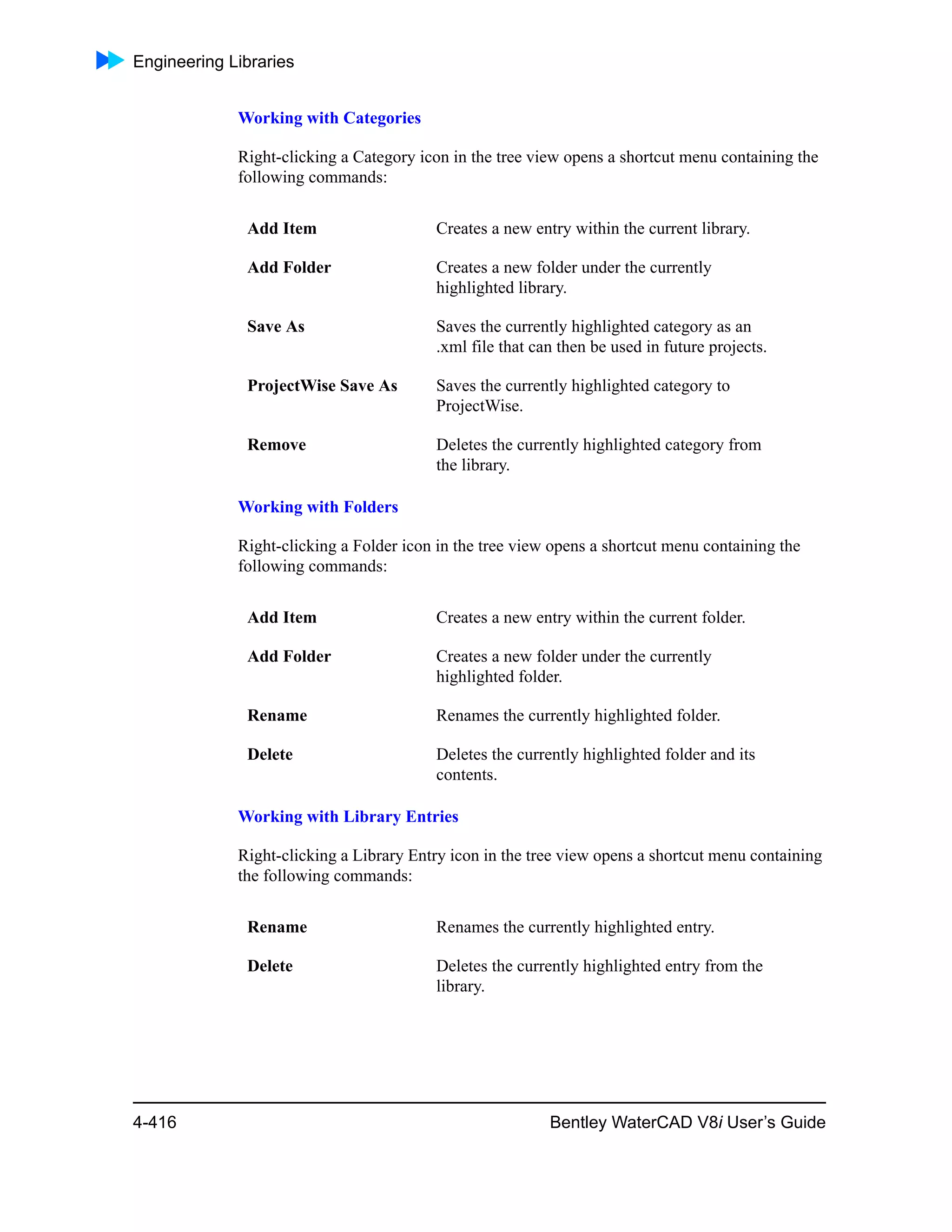 Engineering Libraries
4-416 Bentley WaterCAD V8i User’s Guide
Working with Categories
Right-clicking a Category icon in the tree view opens a shortcut menu containing the
following commands:
Working with Folders
Right-clicking a Folder icon in the tree view opens a shortcut menu containing the
following commands:
Working with Library Entries
Right-clicking a Library Entry icon in the tree view opens a shortcut menu containing
the following commands:
Add Item Creates a new entry within the current library.
Add Folder Creates a new folder under the currently
highlighted library.
Save As Saves the currently highlighted category as an
.xml file that can then be used in future projects.
ProjectWise Save As Saves the currently highlighted category to
ProjectWise.
Remove Deletes the currently highlighted category from
the library.
Add Item Creates a new entry within the current folder.
Add Folder Creates a new folder under the currently
highlighted folder.
Rename Renames the currently highlighted folder.
Delete Deletes the currently highlighted folder and its
contents.
Rename Renames the currently highlighted entry.
Delete Deletes the currently highlighted entry from the
library.
 