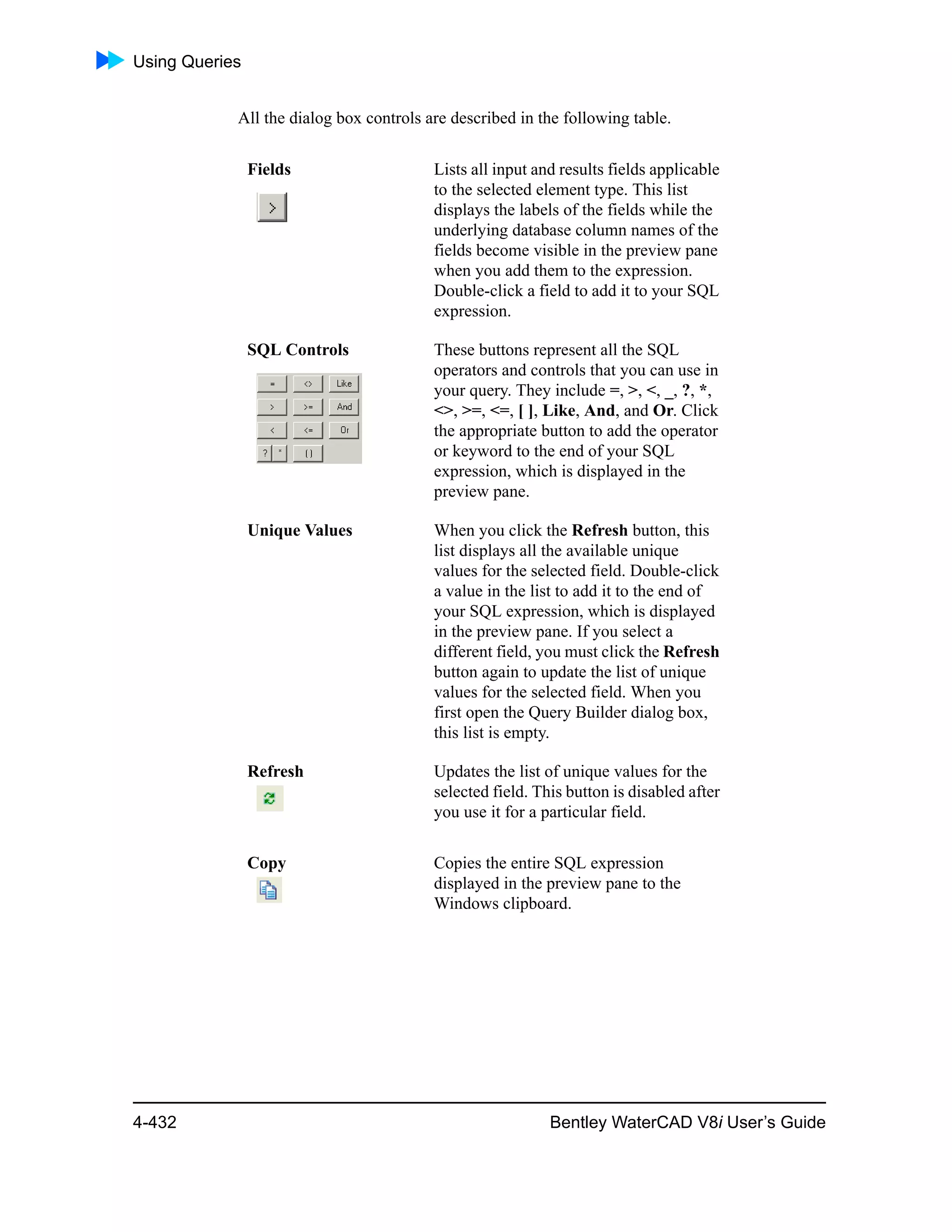 Using Queries
4-432 Bentley WaterCAD V8i User’s Guide
All the dialog box controls are described in the following table.
Fields Lists all input and results fields applicable
to the selected element type. This list
displays the labels of the fields while the
underlying database column names of the
fields become visible in the preview pane
when you add them to the expression.
Double-click a field to add it to your SQL
expression.
SQL Controls These buttons represent all the SQL
operators and controls that you can use in
your query. They include =, >, <, _, ?, *,
<>, >=, <=, [ ], Like, And, and Or. Click
the appropriate button to add the operator
or keyword to the end of your SQL
expression, which is displayed in the
preview pane.
Unique Values When you click the Refresh button, this
list displays all the available unique
values for the selected field. Double-click
a value in the list to add it to the end of
your SQL expression, which is displayed
in the preview pane. If you select a
different field, you must click the Refresh
button again to update the list of unique
values for the selected field. When you
first open the Query Builder dialog box,
this list is empty.
Refresh Updates the list of unique values for the
selected field. This button is disabled after
you use it for a particular field.
Copy Copies the entire SQL expression
displayed in the preview pane to the
Windows clipboard.
 