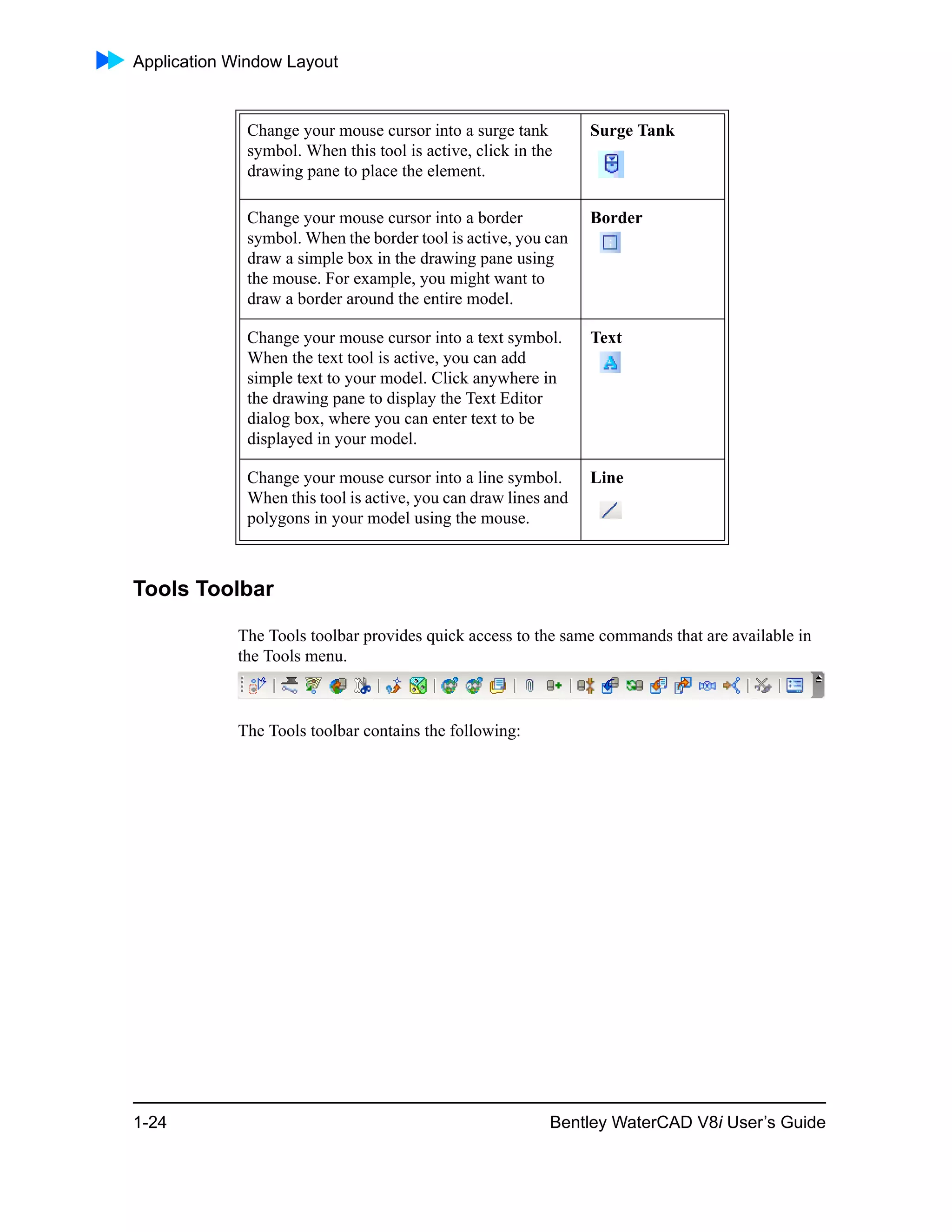 Application Window Layout
1-24 Bentley WaterCAD V8i User’s Guide
Tools Toolbar
The Tools toolbar provides quick access to the same commands that are available in
the Tools menu.
The Tools toolbar contains the following:
Change your mouse cursor into a surge tank
symbol. When this tool is active, click in the
drawing pane to place the element.
Surge Tank
Change your mouse cursor into a border
symbol. When the border tool is active, you can
draw a simple box in the drawing pane using
the mouse. For example, you might want to
draw a border around the entire model.
Border
Change your mouse cursor into a text symbol.
When the text tool is active, you can add
simple text to your model. Click anywhere in
the drawing pane to display the Text Editor
dialog box, where you can enter text to be
displayed in your model.
Text
Change your mouse cursor into a line symbol.
When this tool is active, you can draw lines and
polygons in your model using the mouse.
Line
 