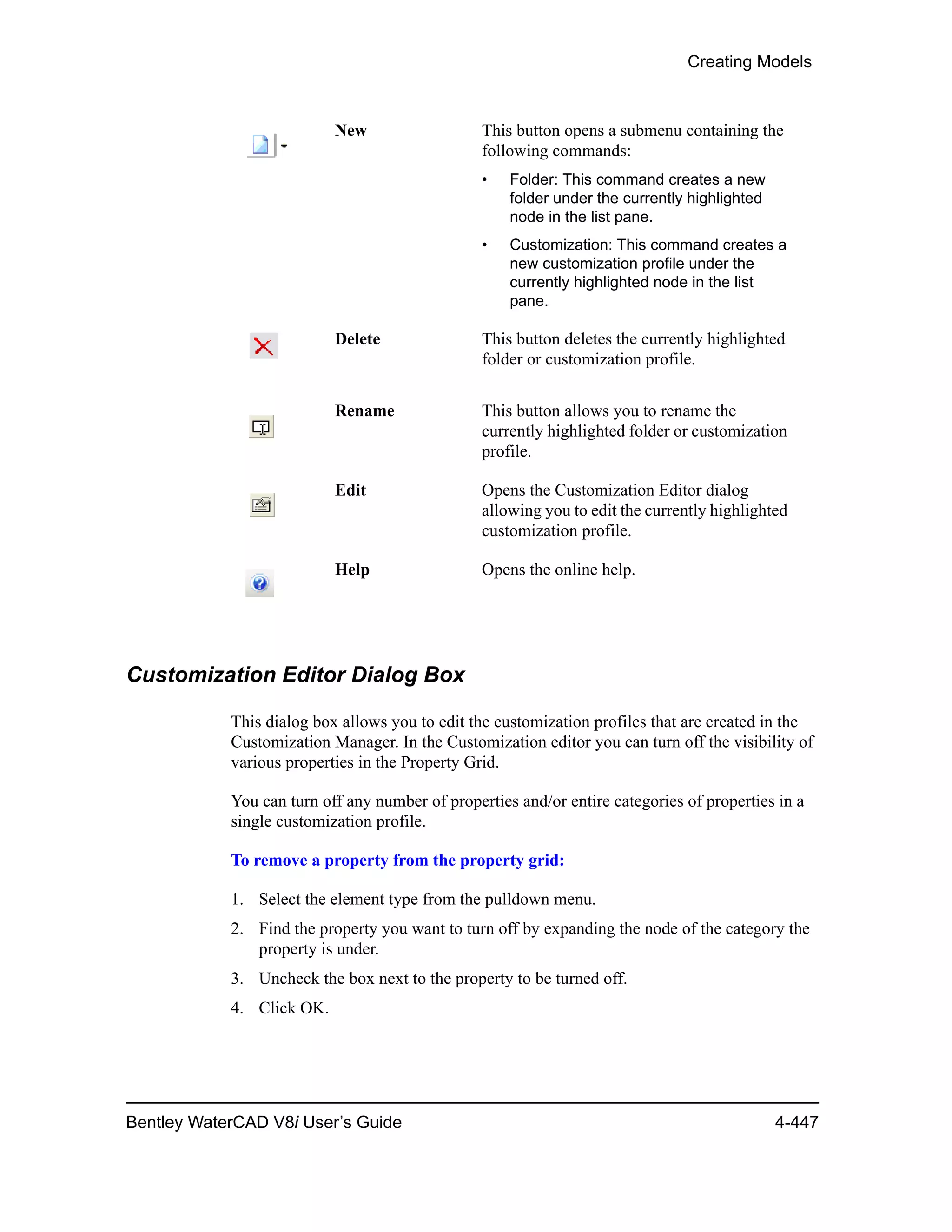 Creating Models
Bentley WaterCAD V8i User’s Guide 4-447
Customization Editor Dialog Box
This dialog box allows you to edit the customization profiles that are created in the
Customization Manager. In the Customization editor you can turn off the visibility of
various properties in the Property Grid.
You can turn off any number of properties and/or entire categories of properties in a
single customization profile.
To remove a property from the property grid:
1. Select the element type from the pulldown menu.
2. Find the property you want to turn off by expanding the node of the category the
property is under.
3. Uncheck the box next to the property to be turned off.
4. Click OK.
New This button opens a submenu containing the
following commands:
• Folder: This command creates a new
folder under the currently highlighted
node in the list pane.
• Customization: This command creates a
new customization profile under the
currently highlighted node in the list
pane.
Delete This button deletes the currently highlighted
folder or customization profile.
Rename This button allows you to rename the
currently highlighted folder or customization
profile.
Edit Opens the Customization Editor dialog
allowing you to edit the currently highlighted
customization profile.
Help Opens the online help.
 