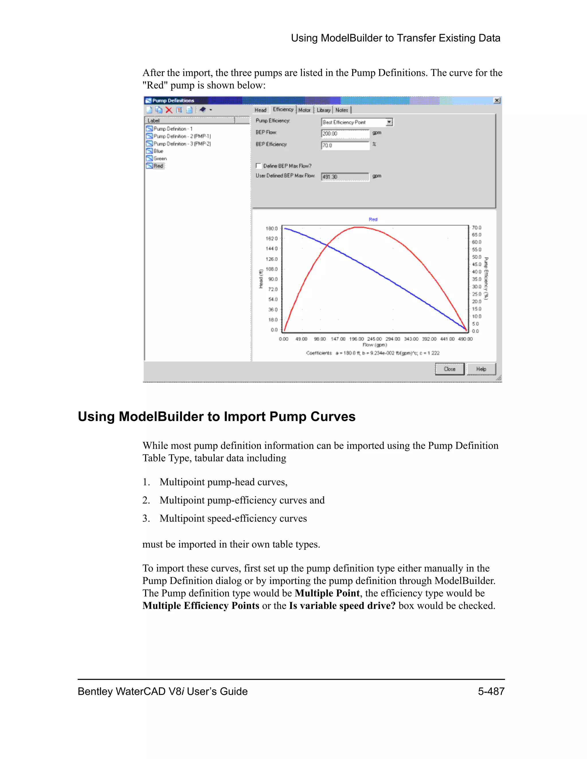 Using ModelBuilder to Transfer Existing Data
Bentley WaterCAD V8i User’s Guide 5-487
After the import, the three pumps are listed in the Pump Definitions. The curve for the
"Red" pump is shown below:
Using ModelBuilder to Import Pump Curves
While most pump definition information can be imported using the Pump Definition
Table Type, tabular data including
1. Multipoint pump-head curves,
2. Multipoint pump-efficiency curves and
3. Multipoint speed-efficiency curves
must be imported in their own table types.
To import these curves, first set up the pump definition type either manually in the
Pump Definition dialog or by importing the pump definition through ModelBuilder.
The Pump definition type would be Multiple Point, the efficiency type would be
Multiple Efficiency Points or the Is variable speed drive? box would be checked.
 