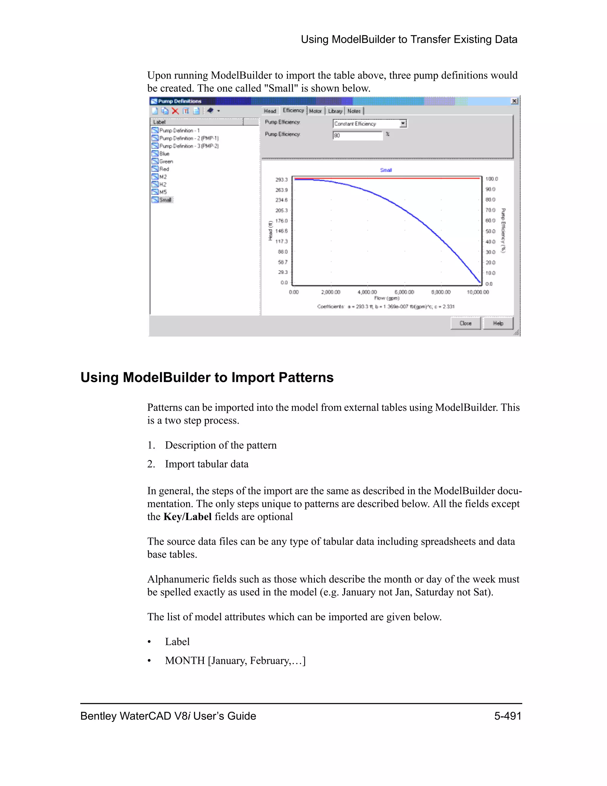 Using ModelBuilder to Transfer Existing Data
Bentley WaterCAD V8i User’s Guide 5-491
Upon running ModelBuilder to import the table above, three pump definitions would
be created. The one called "Small" is shown below.
Using ModelBuilder to Import Patterns
Patterns can be imported into the model from external tables using ModelBuilder. This
is a two step process.
1. Description of the pattern
2. Import tabular data
In general, the steps of the import are the same as described in the ModelBuilder docu-
mentation. The only steps unique to patterns are described below. All the fields except
the Key/Label fields are optional
The source data files can be any type of tabular data including spreadsheets and data
base tables.
Alphanumeric fields such as those which describe the month or day of the week must
be spelled exactly as used in the model (e.g. January not Jan, Saturday not Sat).
The list of model attributes which can be imported are given below.
• Label
• MONTH [January, February,…]
 