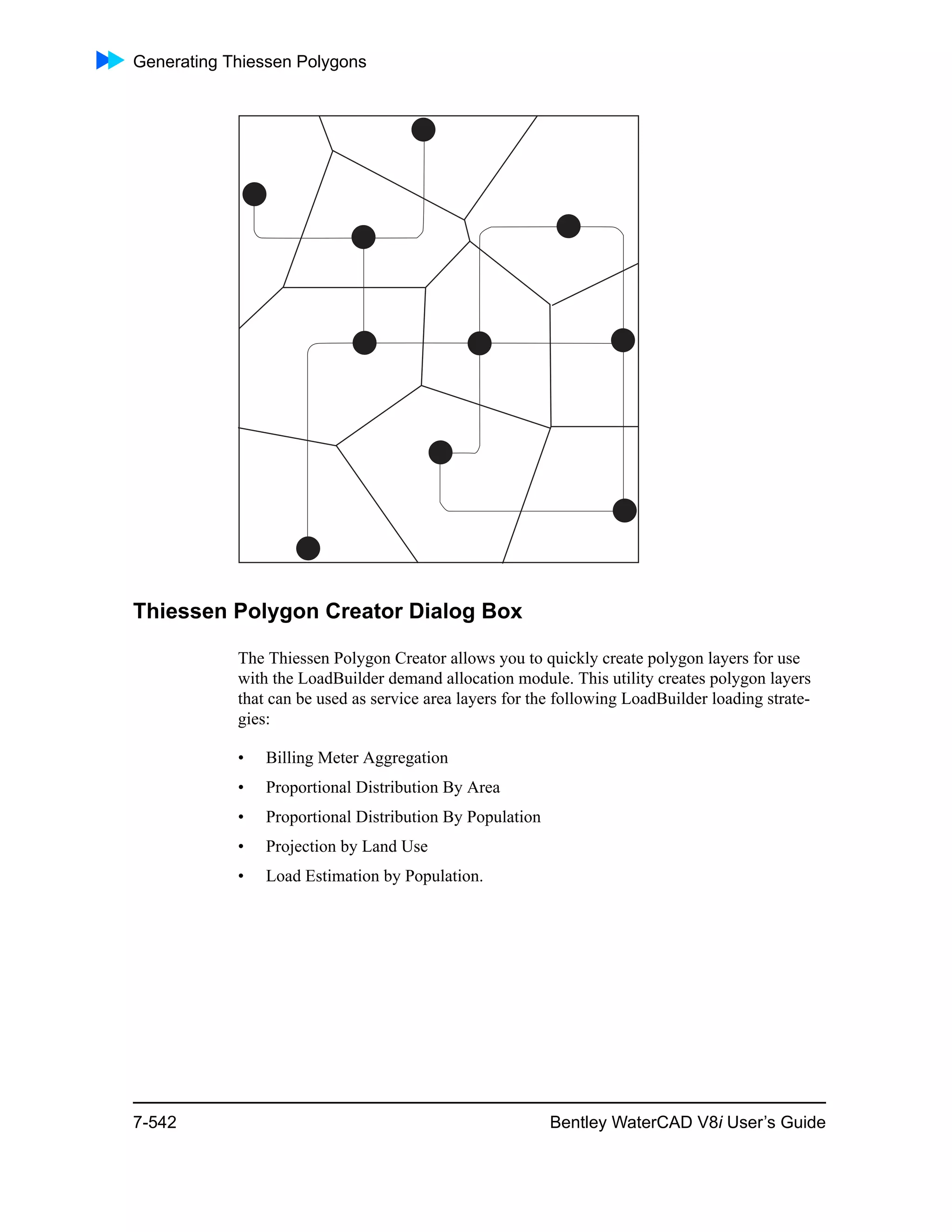 Generating Thiessen Polygons
7-542 Bentley WaterCAD V8i User’s Guide
Thiessen Polygon Creator Dialog Box
The Thiessen Polygon Creator allows you to quickly create polygon layers for use
with the LoadBuilder demand allocation module. This utility creates polygon layers
that can be used as service area layers for the following LoadBuilder loading strate-
gies:
• Billing Meter Aggregation
• Proportional Distribution By Area
• Proportional Distribution By Population
• Projection by Land Use
• Load Estimation by Population.
 
