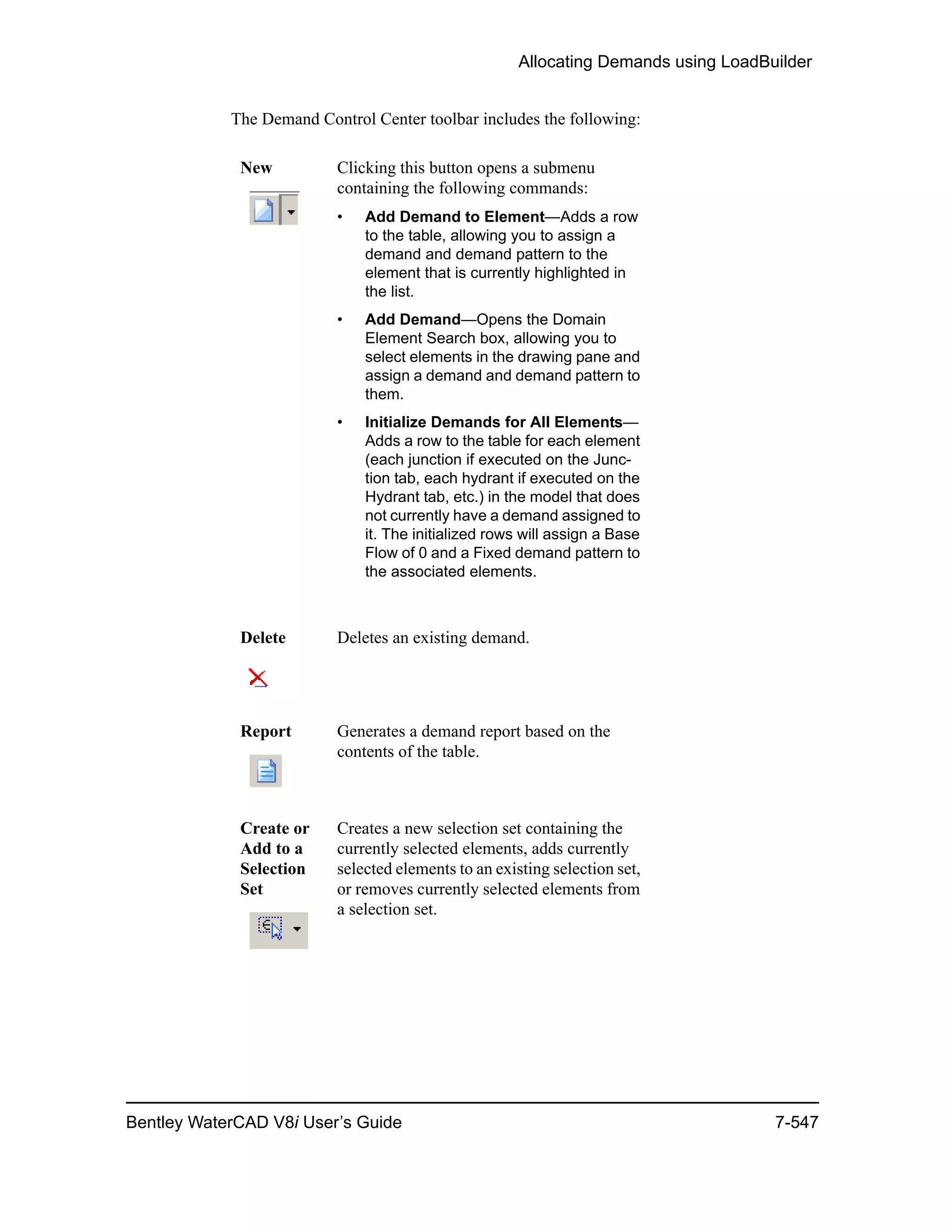 Allocating Demands using LoadBuilder
Bentley WaterCAD V8i User’s Guide 7-547
The Demand Control Center toolbar includes the following:
New Clicking this button opens a submenu
containing the following commands:
• Add Demand to Element—Adds a row
to the table, allowing you to assign a
demand and demand pattern to the
element that is currently highlighted in
the list.
• Add Demand—Opens the Domain
Element Search box, allowing you to
select elements in the drawing pane and
assign a demand and demand pattern to
them.
• Initialize Demands for All Elements—
Adds a row to the table for each element
(each junction if executed on the Junc-
tion tab, each hydrant if executed on the
Hydrant tab, etc.) in the model that does
not currently have a demand assigned to
it. The initialized rows will assign a Base
Flow of 0 and a Fixed demand pattern to
the associated elements.
Delete Deletes an existing demand.
Report Generates a demand report based on the
contents of the table.
Create or
Add to a
Selection
Set
Creates a new selection set containing the
currently selected elements, adds currently
selected elements to an existing selection set,
or removes currently selected elements from
a selection set.
 