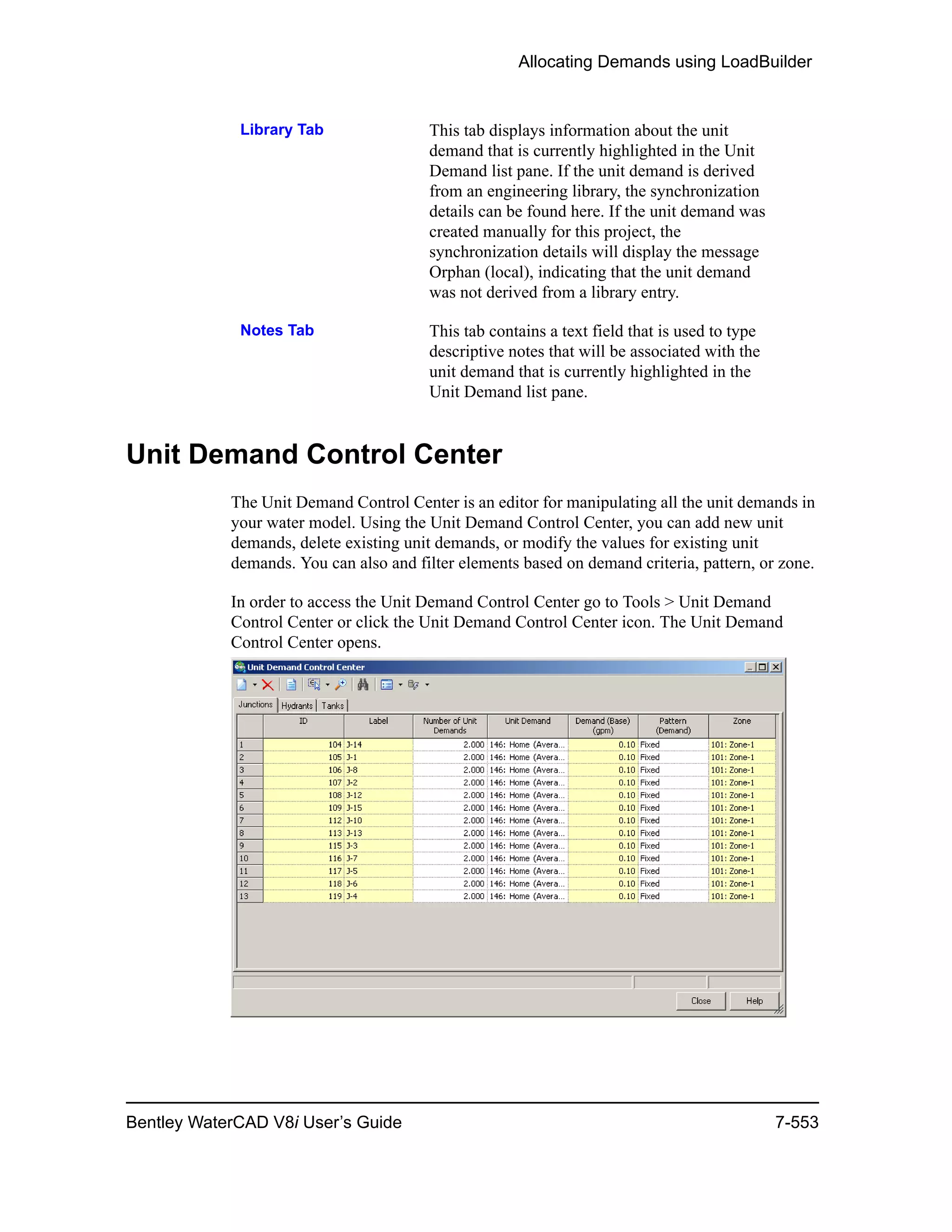 Allocating Demands using LoadBuilder
Bentley WaterCAD V8i User’s Guide 7-553
Unit Demand Control Center
The Unit Demand Control Center is an editor for manipulating all the unit demands in
your water model. Using the Unit Demand Control Center, you can add new unit
demands, delete existing unit demands, or modify the values for existing unit
demands. You can also and filter elements based on demand criteria, pattern, or zone.
In order to access the Unit Demand Control Center go to Tools > Unit Demand
Control Center or click the Unit Demand Control Center icon. The Unit Demand
Control Center opens.
Library Tab This tab displays information about the unit
demand that is currently highlighted in the Unit
Demand list pane. If the unit demand is derived
from an engineering library, the synchronization
details can be found here. If the unit demand was
created manually for this project, the
synchronization details will display the message
Orphan (local), indicating that the unit demand
was not derived from a library entry.
Notes Tab This tab contains a text field that is used to type
descriptive notes that will be associated with the
unit demand that is currently highlighted in the
Unit Demand list pane.
 