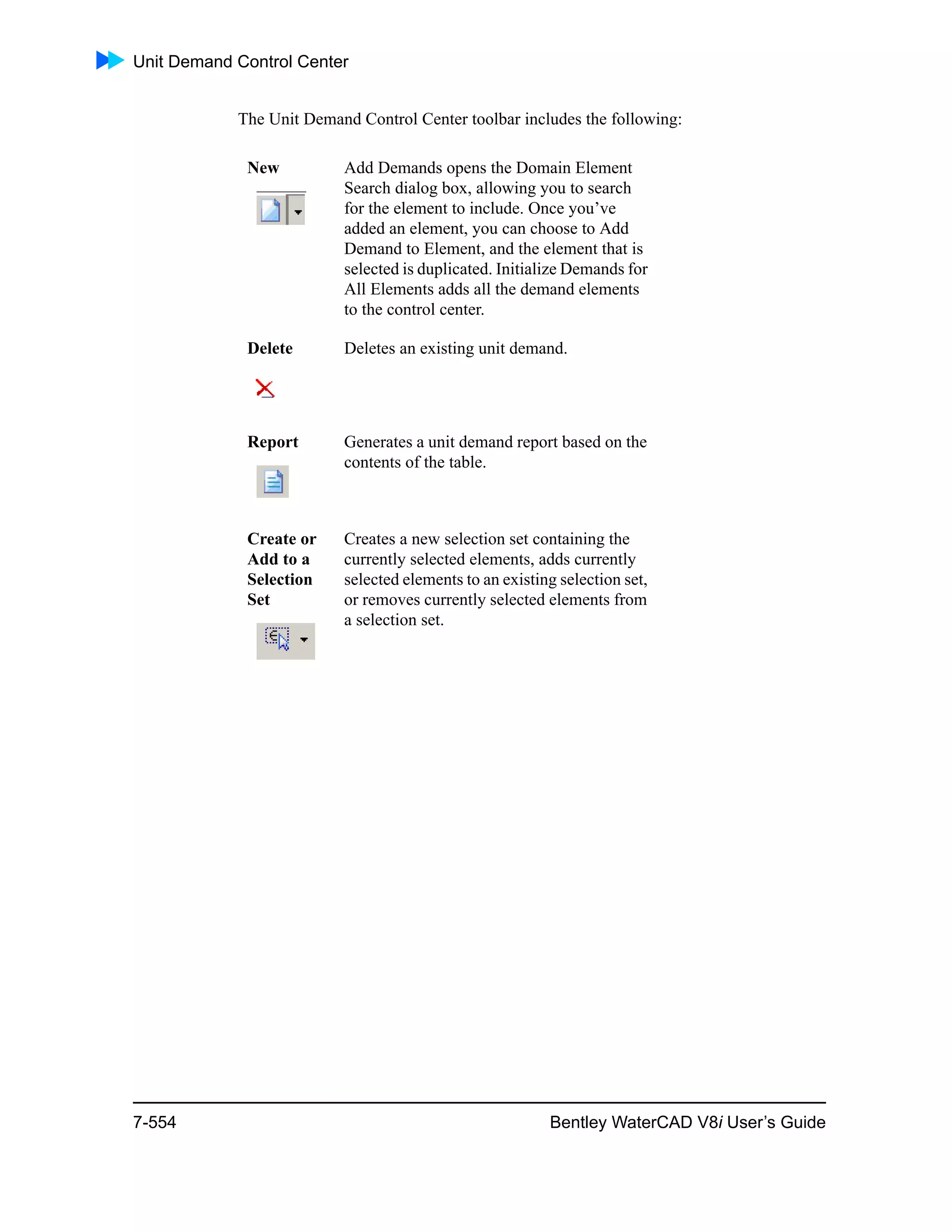 Unit Demand Control Center
7-554 Bentley WaterCAD V8i User’s Guide
The Unit Demand Control Center toolbar includes the following:
New Add Demands opens the Domain Element
Search dialog box, allowing you to search
for the element to include. Once you’ve
added an element, you can choose to Add
Demand to Element, and the element that is
selected is duplicated. Initialize Demands for
All Elements adds all the demand elements
to the control center.
Delete Deletes an existing unit demand.
Report Generates a unit demand report based on the
contents of the table.
Create or
Add to a
Selection
Set
Creates a new selection set containing the
currently selected elements, adds currently
selected elements to an existing selection set,
or removes currently selected elements from
a selection set.
 