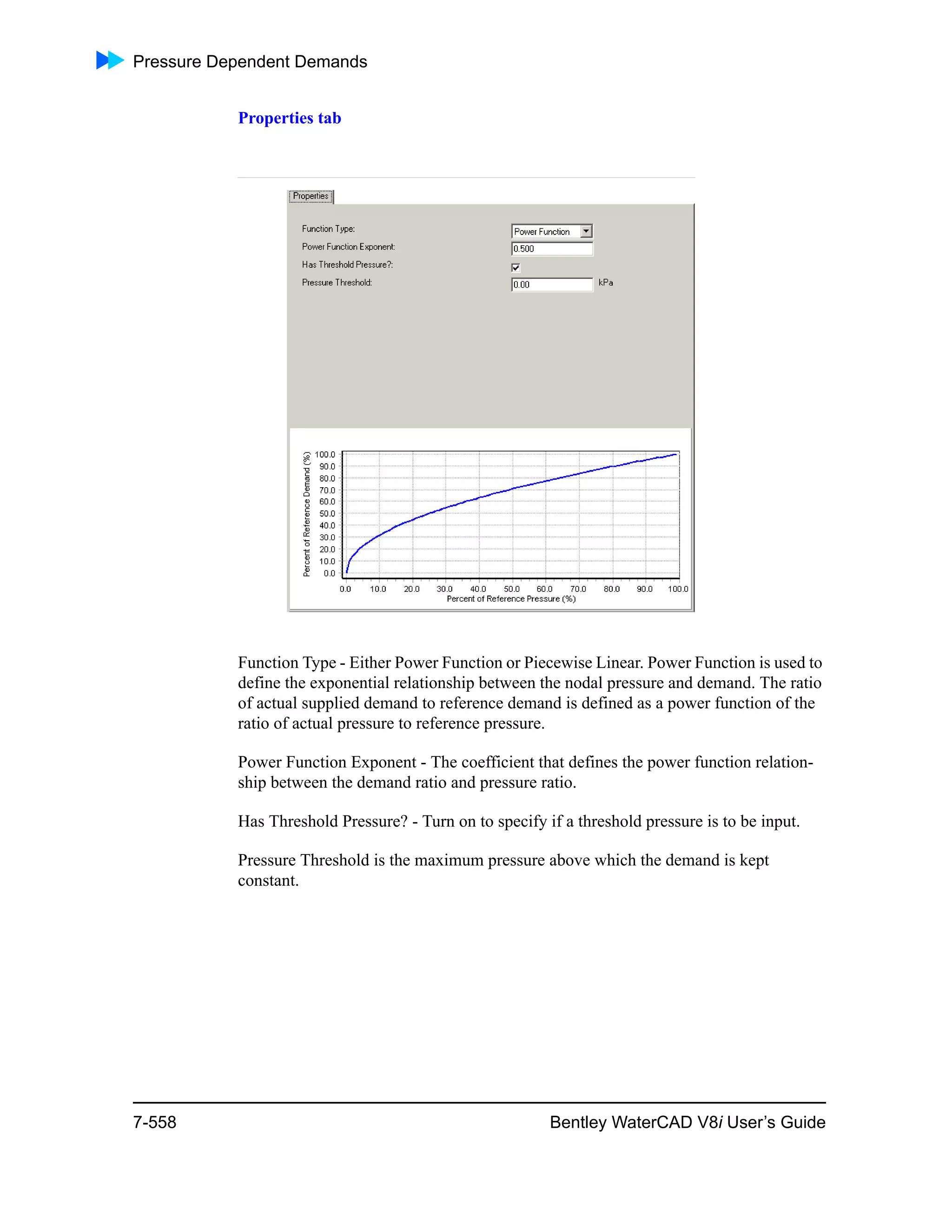 Pressure Dependent Demands
7-558 Bentley WaterCAD V8i User’s Guide
Properties tab
Function Type - Either Power Function or Piecewise Linear. Power Function is used to
define the exponential relationship between the nodal pressure and demand. The ratio
of actual supplied demand to reference demand is defined as a power function of the
ratio of actual pressure to reference pressure.
Power Function Exponent - The coefficient that defines the power function relation-
ship between the demand ratio and pressure ratio.
Has Threshold Pressure? - Turn on to specify if a threshold pressure is to be input.
Pressure Threshold is the maximum pressure above which the demand is kept
constant.
 