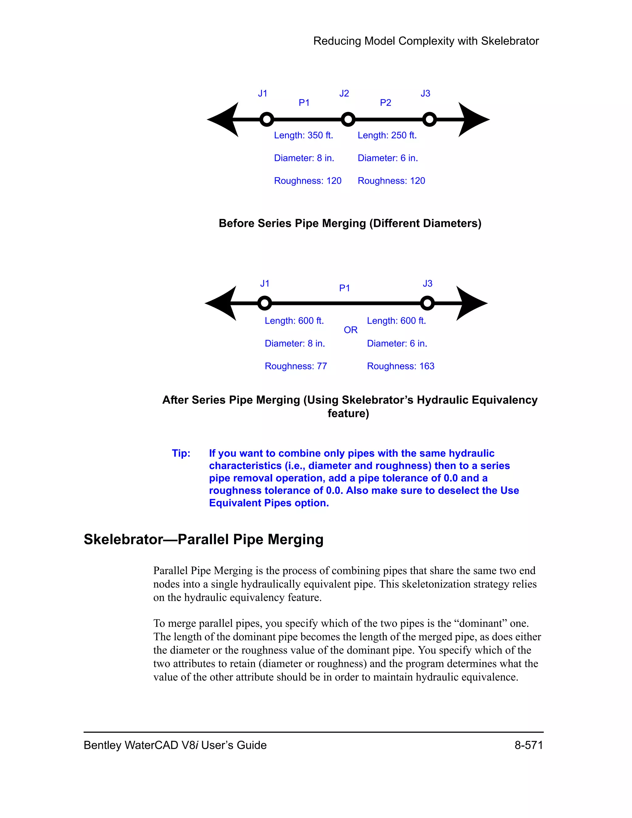 Reducing Model Complexity with Skelebrator
Bentley WaterCAD V8i User’s Guide 8-571
Before Series Pipe Merging (Different Diameters)
After Series Pipe Merging (Using Skelebrator’s Hydraulic Equivalency
feature)
Tip: If you want to combine only pipes with the same hydraulic
characteristics (i.e., diameter and roughness) then to a series
pipe removal operation, add a pipe tolerance of 0.0 and a
roughness tolerance of 0.0. Also make sure to deselect the Use
Equivalent Pipes option.
Skelebrator—Parallel Pipe Merging
Parallel Pipe Merging is the process of combining pipes that share the same two end
nodes into a single hydraulically equivalent pipe. This skeletonization strategy relies
on the hydraulic equivalency feature.
To merge parallel pipes, you specify which of the two pipes is the “dominant” one.
The length of the dominant pipe becomes the length of the merged pipe, as does either
the diameter or the roughness value of the dominant pipe. You specify which of the
two attributes to retain (diameter or roughness) and the program determines what the
value of the other attribute should be in order to maintain hydraulic equivalence.
J1 J2 J3
P1 P2
Length: 350 ft.
Diameter: 8 in.
Roughness: 120
Length: 250 ft.
Diameter: 6 in.
Roughness: 120
J1 J3
P1
Length: 600 ft.
Diameter: 8 in.
Roughness: 77
Length: 600 ft.
Diameter: 6 in.
Roughness: 163
OR
 