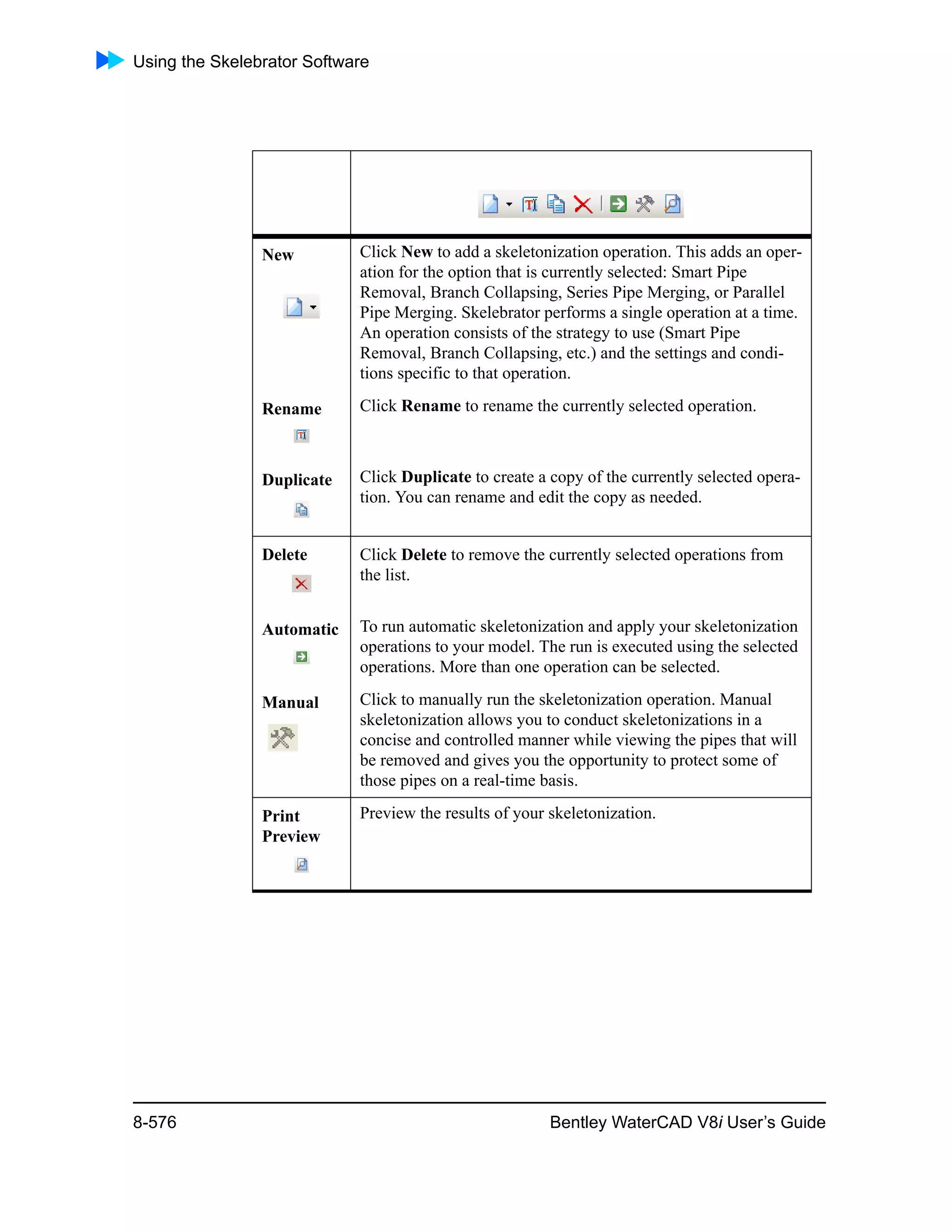 Using the Skelebrator Software
8-576 Bentley WaterCAD V8i User’s Guide
New Click New to add a skeletonization operation. This adds an oper-
ation for the option that is currently selected: Smart Pipe
Removal, Branch Collapsing, Series Pipe Merging, or Parallel
Pipe Merging. Skelebrator performs a single operation at a time.
An operation consists of the strategy to use (Smart Pipe
Removal, Branch Collapsing, etc.) and the settings and condi-
tions specific to that operation.
Rename Click Rename to rename the currently selected operation.
Duplicate Click Duplicate to create a copy of the currently selected opera-
tion. You can rename and edit the copy as needed.
Delete Click Delete to remove the currently selected operations from
the list.
Automatic To run automatic skeletonization and apply your skeletonization
operations to your model. The run is executed using the selected
operations. More than one operation can be selected.
Manual Click to manually run the skeletonization operation. Manual
skeletonization allows you to conduct skeletonizations in a
concise and controlled manner while viewing the pipes that will
be removed and gives you the opportunity to protect some of
those pipes on a real-time basis.
Print
Preview
Preview the results of your skeletonization.
 