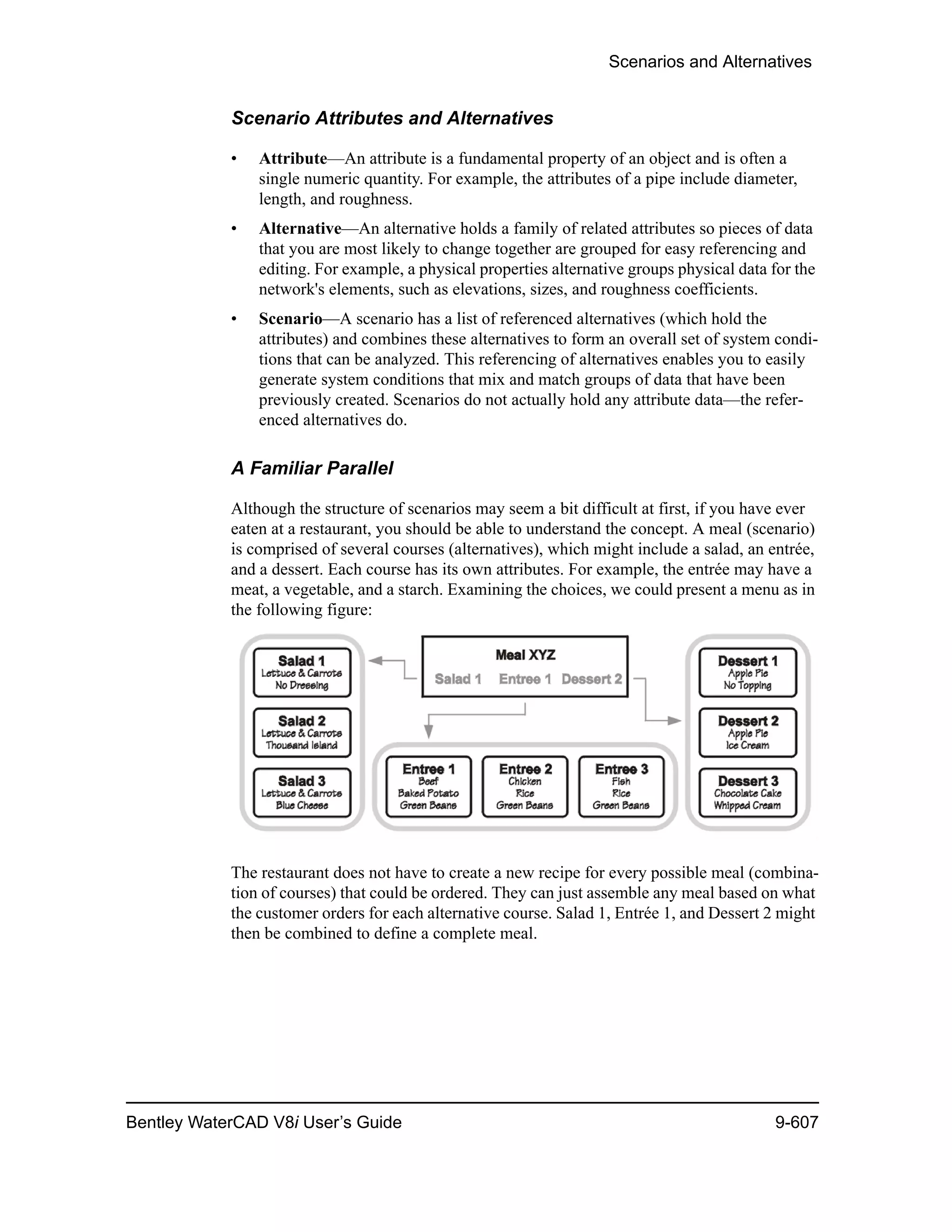 Scenarios and Alternatives
Bentley WaterCAD V8i User’s Guide 9-607
Scenario Attributes and Alternatives
• Attribute—An attribute is a fundamental property of an object and is often a
single numeric quantity. For example, the attributes of a pipe include diameter,
length, and roughness.
• Alternative—An alternative holds a family of related attributes so pieces of data
that you are most likely to change together are grouped for easy referencing and
editing. For example, a physical properties alternative groups physical data for the
network's elements, such as elevations, sizes, and roughness coefficients.
• Scenario—A scenario has a list of referenced alternatives (which hold the
attributes) and combines these alternatives to form an overall set of system condi-
tions that can be analyzed. This referencing of alternatives enables you to easily
generate system conditions that mix and match groups of data that have been
previously created. Scenarios do not actually hold any attribute data—the refer-
enced alternatives do.
A Familiar Parallel
Although the structure of scenarios may seem a bit difficult at first, if you have ever
eaten at a restaurant, you should be able to understand the concept. A meal (scenario)
is comprised of several courses (alternatives), which might include a salad, an entrée,
and a dessert. Each course has its own attributes. For example, the entrée may have a
meat, a vegetable, and a starch. Examining the choices, we could present a menu as in
the following figure:
The restaurant does not have to create a new recipe for every possible meal (combina-
tion of courses) that could be ordered. They can just assemble any meal based on what
the customer orders for each alternative course. Salad 1, Entrée 1, and Dessert 2 might
then be combined to define a complete meal.
 