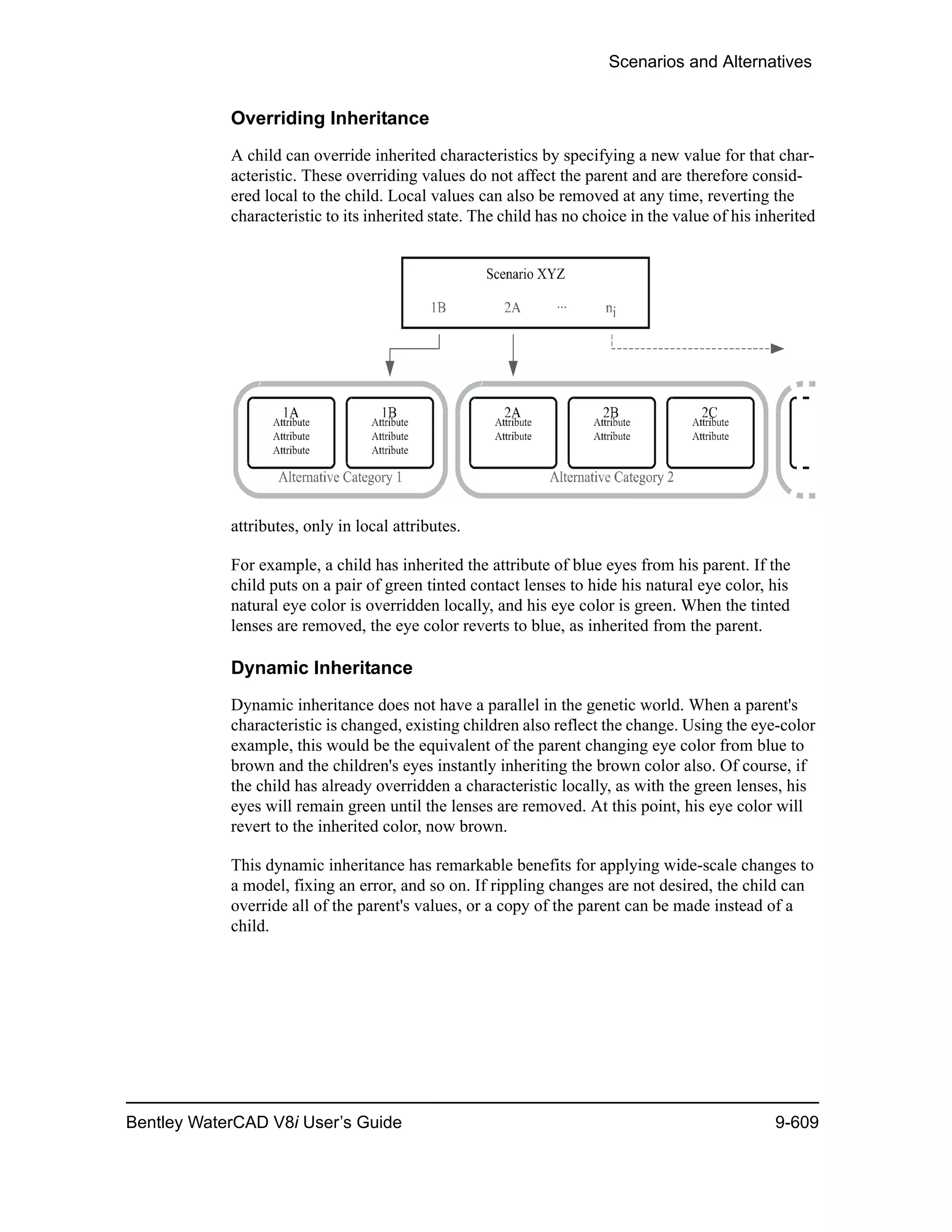 Scenarios and Alternatives
Bentley WaterCAD V8i User’s Guide 9-609
Overriding Inheritance
A child can override inherited characteristics by specifying a new value for that char-
acteristic. These overriding values do not affect the parent and are therefore consid-
ered local to the child. Local values can also be removed at any time, reverting the
characteristic to its inherited state. The child has no choice in the value of his inherited
attributes, only in local attributes.
For example, a child has inherited the attribute of blue eyes from his parent. If the
child puts on a pair of green tinted contact lenses to hide his natural eye color, his
natural eye color is overridden locally, and his eye color is green. When the tinted
lenses are removed, the eye color reverts to blue, as inherited from the parent.
Dynamic Inheritance
Dynamic inheritance does not have a parallel in the genetic world. When a parent's
characteristic is changed, existing children also reflect the change. Using the eye-color
example, this would be the equivalent of the parent changing eye color from blue to
brown and the children's eyes instantly inheriting the brown color also. Of course, if
the child has already overridden a characteristic locally, as with the green lenses, his
eyes will remain green until the lenses are removed. At this point, his eye color will
revert to the inherited color, now brown.
This dynamic inheritance has remarkable benefits for applying wide-scale changes to
a model, fixing an error, and so on. If rippling changes are not desired, the child can
override all of the parent's values, or a copy of the parent can be made instead of a
child.
 