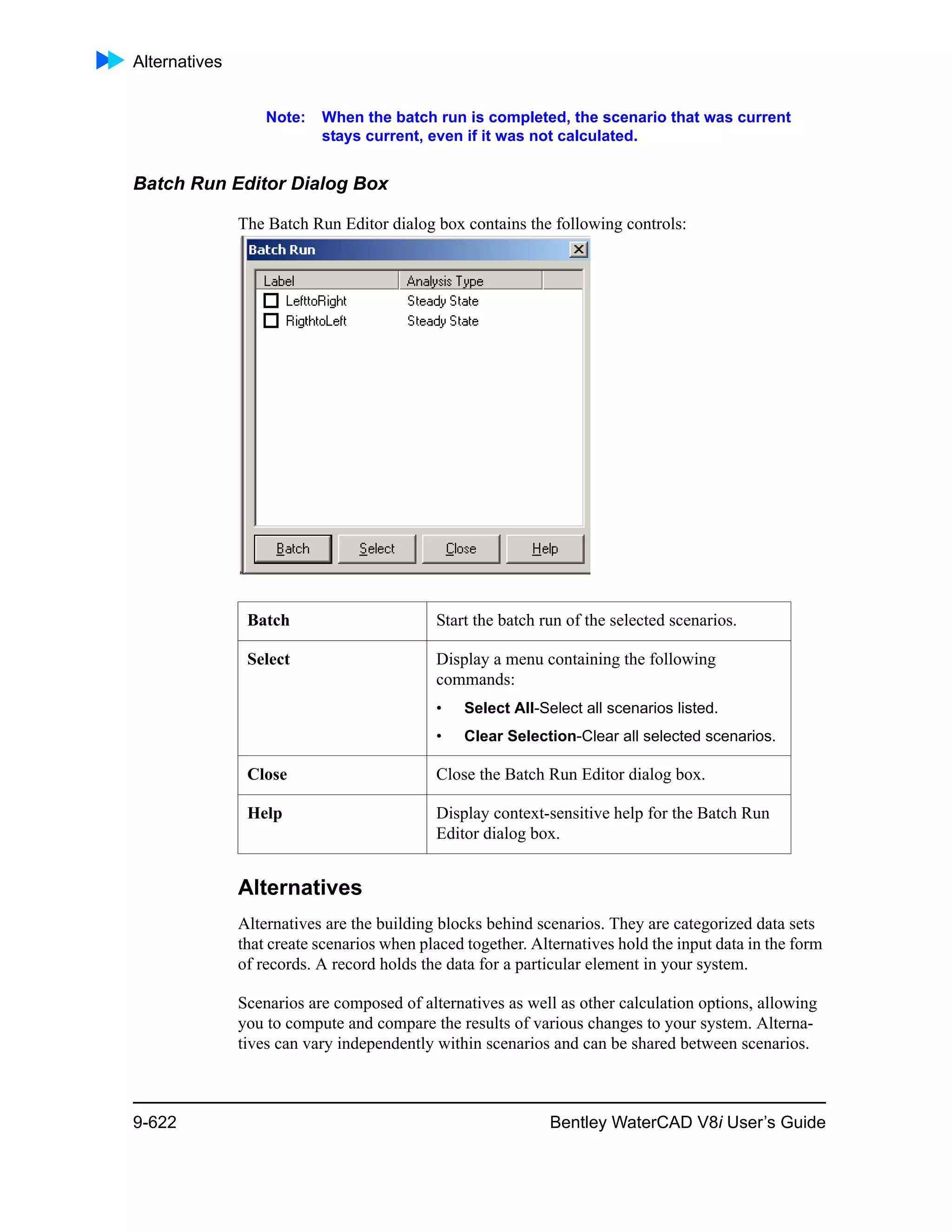 Alternatives
9-622 Bentley WaterCAD V8i User’s Guide
Note: When the batch run is completed, the scenario that was current
stays current, even if it was not calculated.
Batch Run Editor Dialog Box
The Batch Run Editor dialog box contains the following controls:
Alternatives
Alternatives are the building blocks behind scenarios. They are categorized data sets
that create scenarios when placed together. Alternatives hold the input data in the form
of records. A record holds the data for a particular element in your system.
Scenarios are composed of alternatives as well as other calculation options, allowing
you to compute and compare the results of various changes to your system. Alterna-
tives can vary independently within scenarios and can be shared between scenarios.
Batch Start the batch run of the selected scenarios.
Select Display a menu containing the following
commands:
• Select All-Select all scenarios listed.
• Clear Selection-Clear all selected scenarios.
Close Close the Batch Run Editor dialog box.
Help Display context-sensitive help for the Batch Run
Editor dialog box.
 