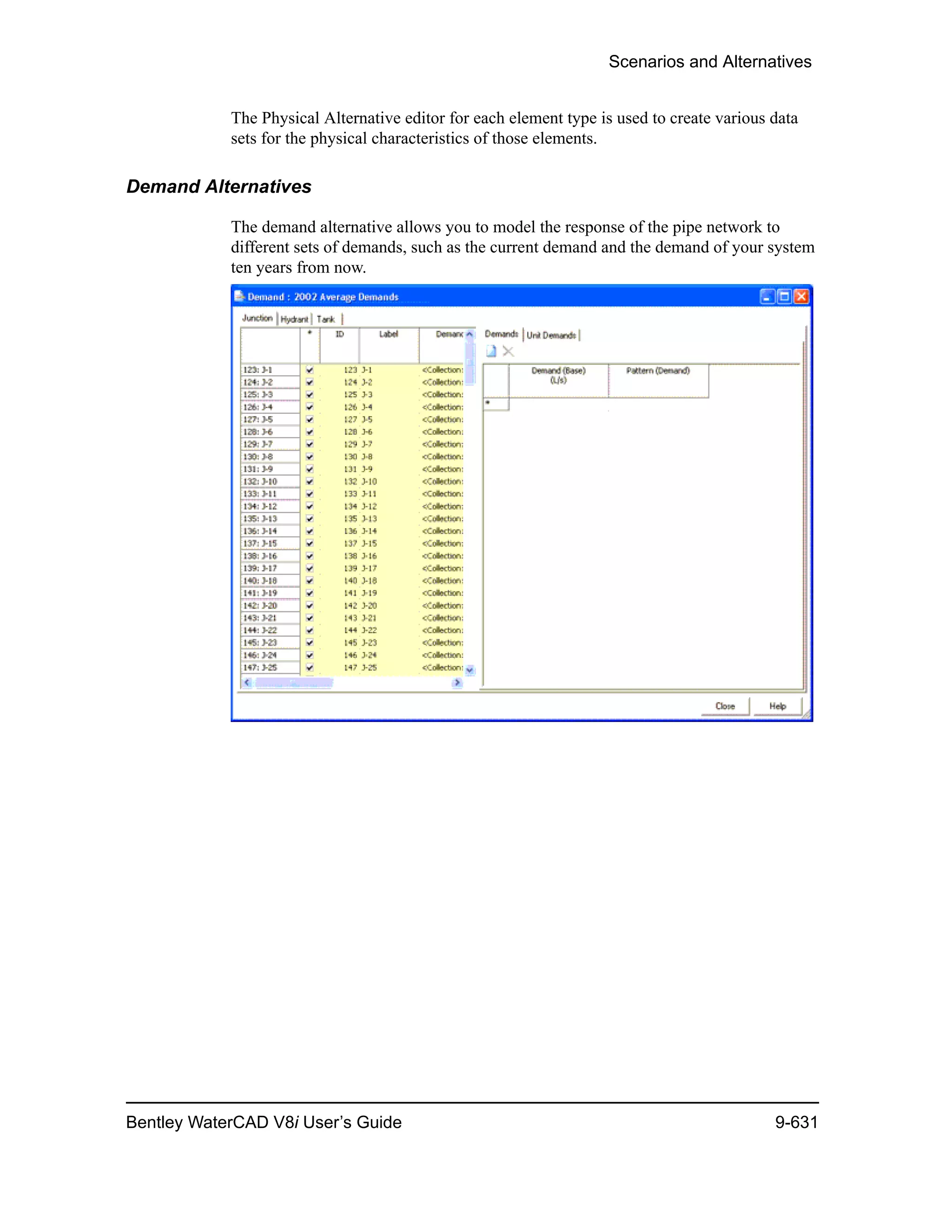 Scenarios and Alternatives
Bentley WaterCAD V8i User’s Guide 9-631
The Physical Alternative editor for each element type is used to create various data
sets for the physical characteristics of those elements.
Demand Alternatives
The demand alternative allows you to model the response of the pipe network to
different sets of demands, such as the current demand and the demand of your system
ten years from now.
 