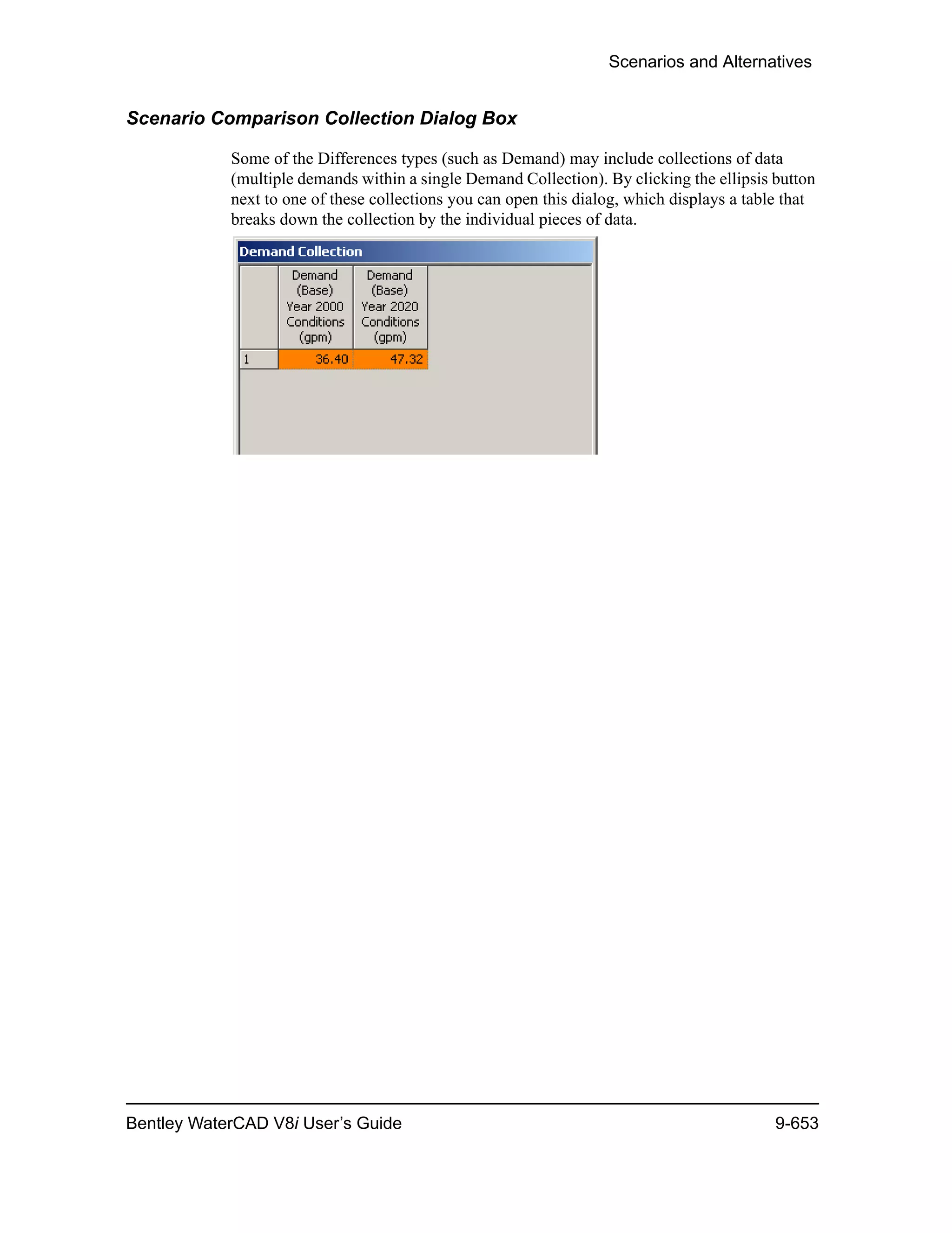 Scenarios and Alternatives
Bentley WaterCAD V8i User’s Guide 9-653
Scenario Comparison Collection Dialog Box
Some of the Differences types (such as Demand) may include collections of data
(multiple demands within a single Demand Collection). By clicking the ellipsis button
next to one of these collections you can open this dialog, which displays a table that
breaks down the collection by the individual pieces of data.
 