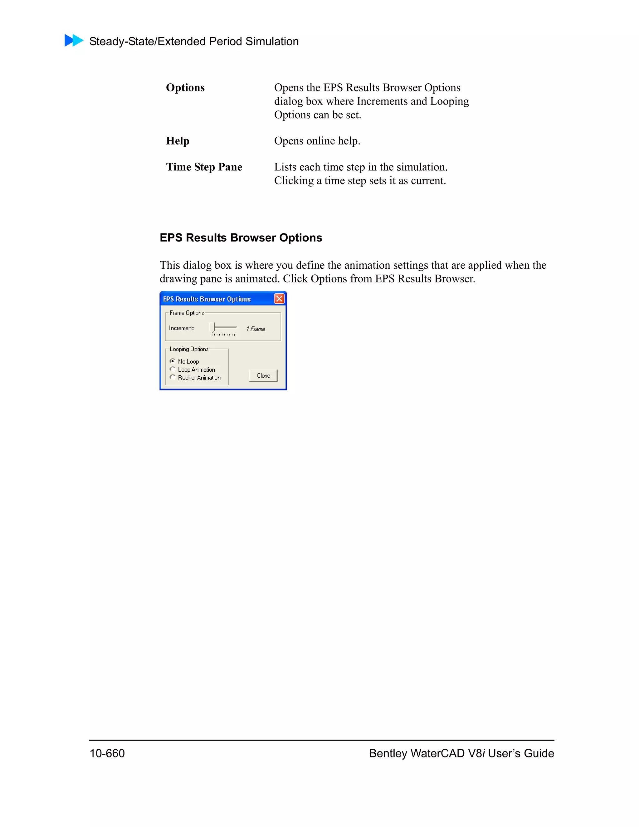 Steady-State/Extended Period Simulation
10-660 Bentley WaterCAD V8i User’s Guide
EPS Results Browser Options
This dialog box is where you define the animation settings that are applied when the
drawing pane is animated. Click Options from EPS Results Browser.
Options Opens the EPS Results Browser Options
dialog box where Increments and Looping
Options can be set.
Help Opens online help.
Time Step Pane Lists each time step in the simulation.
Clicking a time step sets it as current.
 