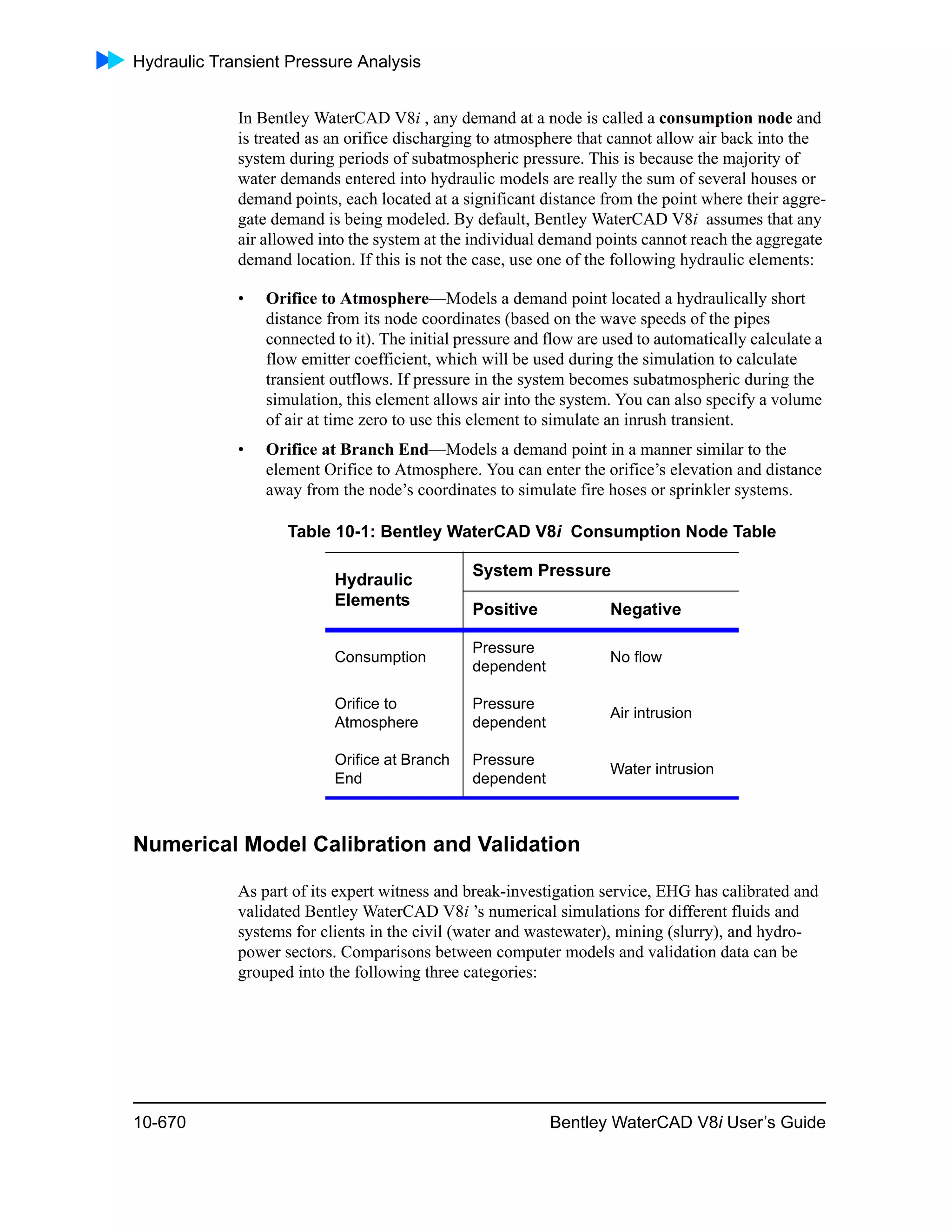 Hydraulic Transient Pressure Analysis
10-670 Bentley WaterCAD V8i User’s Guide
In Bentley WaterCAD V8i , any demand at a node is called a consumption node and
is treated as an orifice discharging to atmosphere that cannot allow air back into the
system during periods of subatmospheric pressure. This is because the majority of
water demands entered into hydraulic models are really the sum of several houses or
demand points, each located at a significant distance from the point where their aggre-
gate demand is being modeled. By default, Bentley WaterCAD V8i assumes that any
air allowed into the system at the individual demand points cannot reach the aggregate
demand location. If this is not the case, use one of the following hydraulic elements:
• Orifice to Atmosphere—Models a demand point located a hydraulically short
distance from its node coordinates (based on the wave speeds of the pipes
connected to it). The initial pressure and flow are used to automatically calculate a
flow emitter coefficient, which will be used during the simulation to calculate
transient outflows. If pressure in the system becomes subatmospheric during the
simulation, this element allows air into the system. You can also specify a volume
of air at time zero to use this element to simulate an inrush transient.
• Orifice at Branch End—Models a demand point in a manner similar to the
element Orifice to Atmosphere. You can enter the orifice’s elevation and distance
away from the node’s coordinates to simulate fire hoses or sprinkler systems.
Numerical Model Calibration and Validation
As part of its expert witness and break-investigation service, EHG has calibrated and
validated Bentley WaterCAD V8i ’s numerical simulations for different fluids and
systems for clients in the civil (water and wastewater), mining (slurry), and hydro-
power sectors. Comparisons between computer models and validation data can be
grouped into the following three categories:
Table 10-1: Bentley WaterCAD V8i Consumption Node Table
Hydraulic
Elements
System Pressure
Positive Negative
Consumption
Pressure
dependent
No flow
Orifice to
Atmosphere
Pressure
dependent
Air intrusion
Orifice at Branch
End
Pressure
dependent
Water intrusion
 