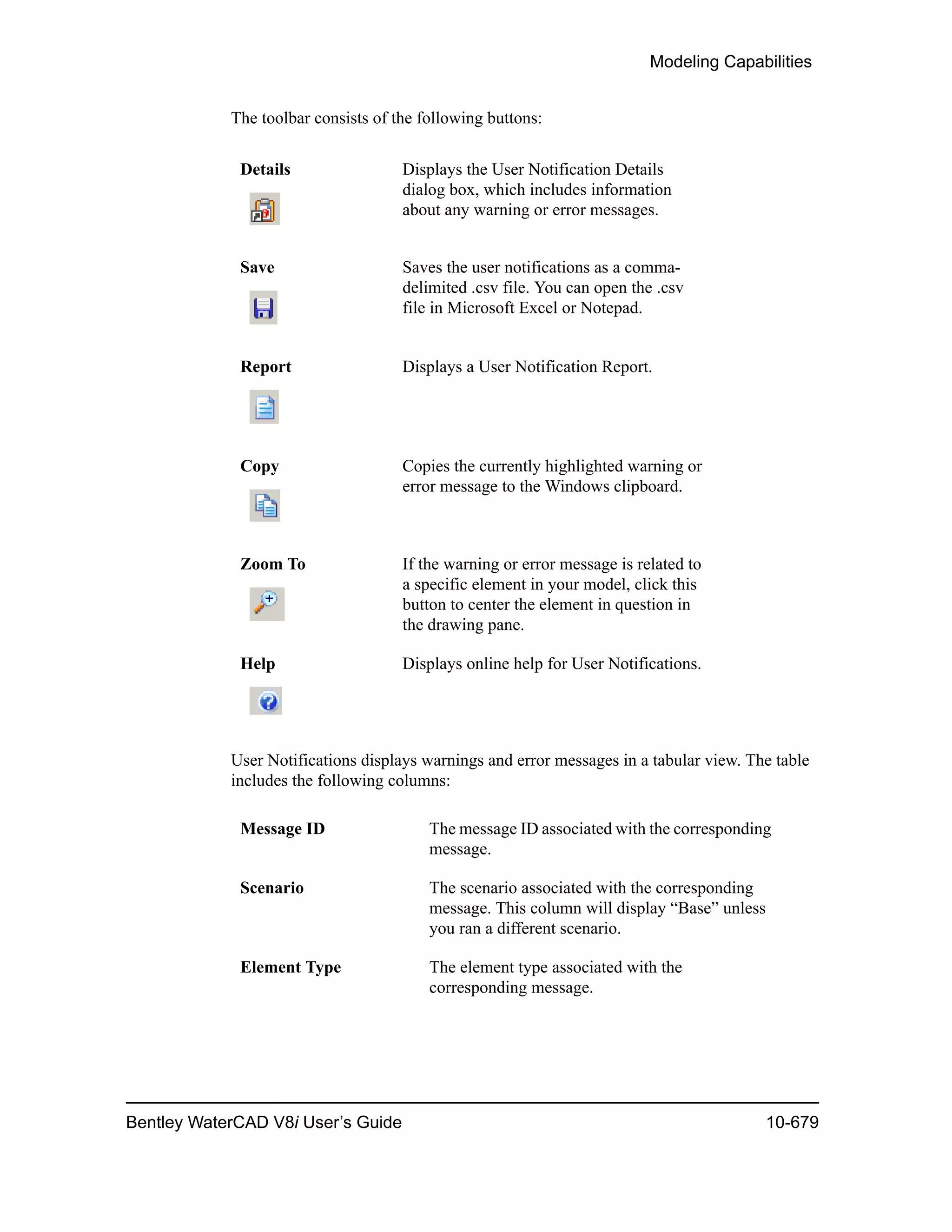 Modeling Capabilities
Bentley WaterCAD V8i User’s Guide 10-679
The toolbar consists of the following buttons:
User Notifications displays warnings and error messages in a tabular view. The table
includes the following columns:
Details Displays the User Notification Details
dialog box, which includes information
about any warning or error messages.
Save Saves the user notifications as a comma-
delimited .csv file. You can open the .csv
file in Microsoft Excel or Notepad.
Report Displays a User Notification Report.
Copy Copies the currently highlighted warning or
error message to the Windows clipboard.
Zoom To If the warning or error message is related to
a specific element in your model, click this
button to center the element in question in
the drawing pane.
Help Displays online help for User Notifications.
Message ID The message ID associated with the corresponding
message.
Scenario The scenario associated with the corresponding
message. This column will display “Base” unless
you ran a different scenario.
Element Type The element type associated with the
corresponding message.
 
