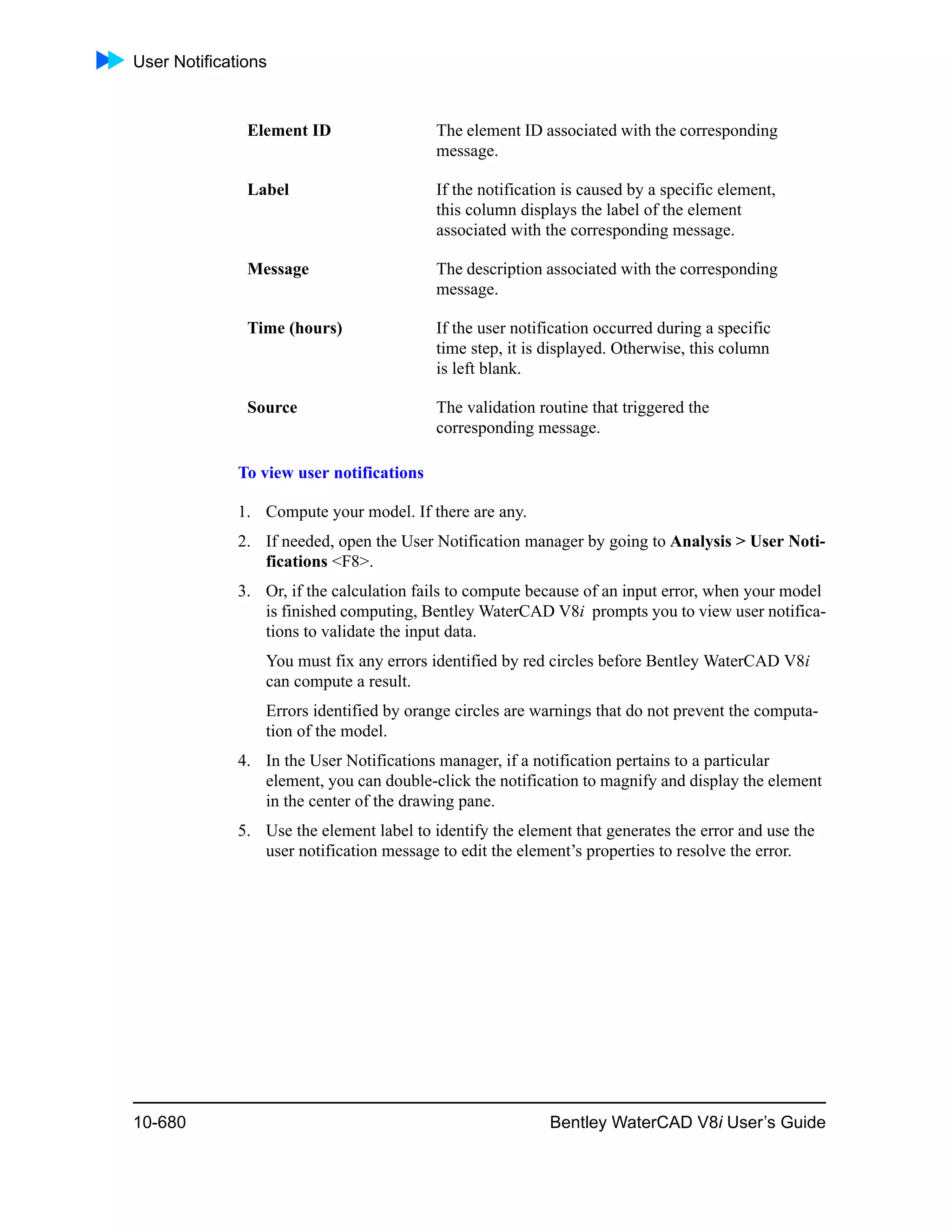 User Notifications
10-680 Bentley WaterCAD V8i User’s Guide
To view user notifications
1. Compute your model. If there are any.
2. If needed, open the User Notification manager by going to Analysis > User Noti-
fications <F8>.
3. Or, if the calculation fails to compute because of an input error, when your model
is finished computing, Bentley WaterCAD V8i prompts you to view user notifica-
tions to validate the input data.
You must fix any errors identified by red circles before Bentley WaterCAD V8i
can compute a result.
Errors identified by orange circles are warnings that do not prevent the computa-
tion of the model.
4. In the User Notifications manager, if a notification pertains to a particular
element, you can double-click the notification to magnify and display the element
in the center of the drawing pane.
5. Use the element label to identify the element that generates the error and use the
user notification message to edit the element’s properties to resolve the error.
Element ID The element ID associated with the corresponding
message.
Label If the notification is caused by a specific element,
this column displays the label of the element
associated with the corresponding message.
Message The description associated with the corresponding
message.
Time (hours) If the user notification occurred during a specific
time step, it is displayed. Otherwise, this column
is left blank.
Source The validation routine that triggered the
corresponding message.
 