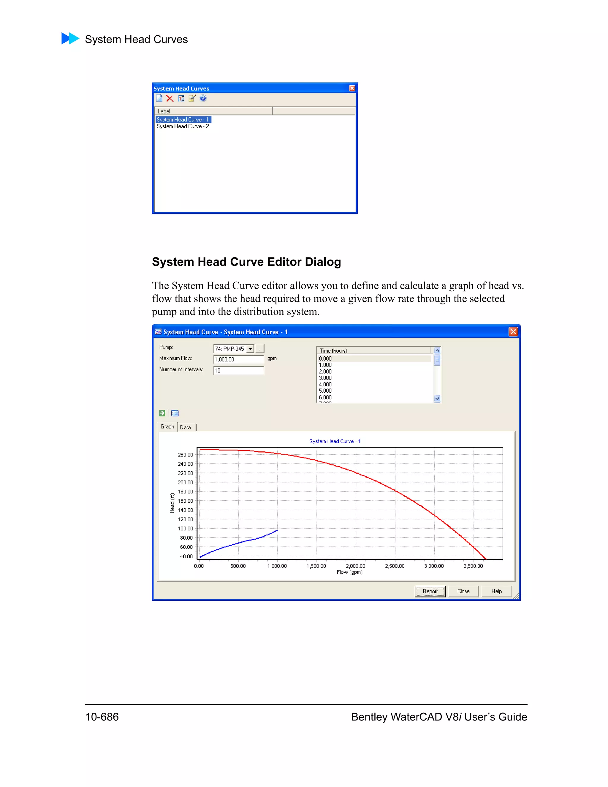 System Head Curves
10-686 Bentley WaterCAD V8i User’s Guide
System Head Curve Editor Dialog
The System Head Curve editor allows you to define and calculate a graph of head vs.
flow that shows the head required to move a given flow rate through the selected
pump and into the distribution system.
 