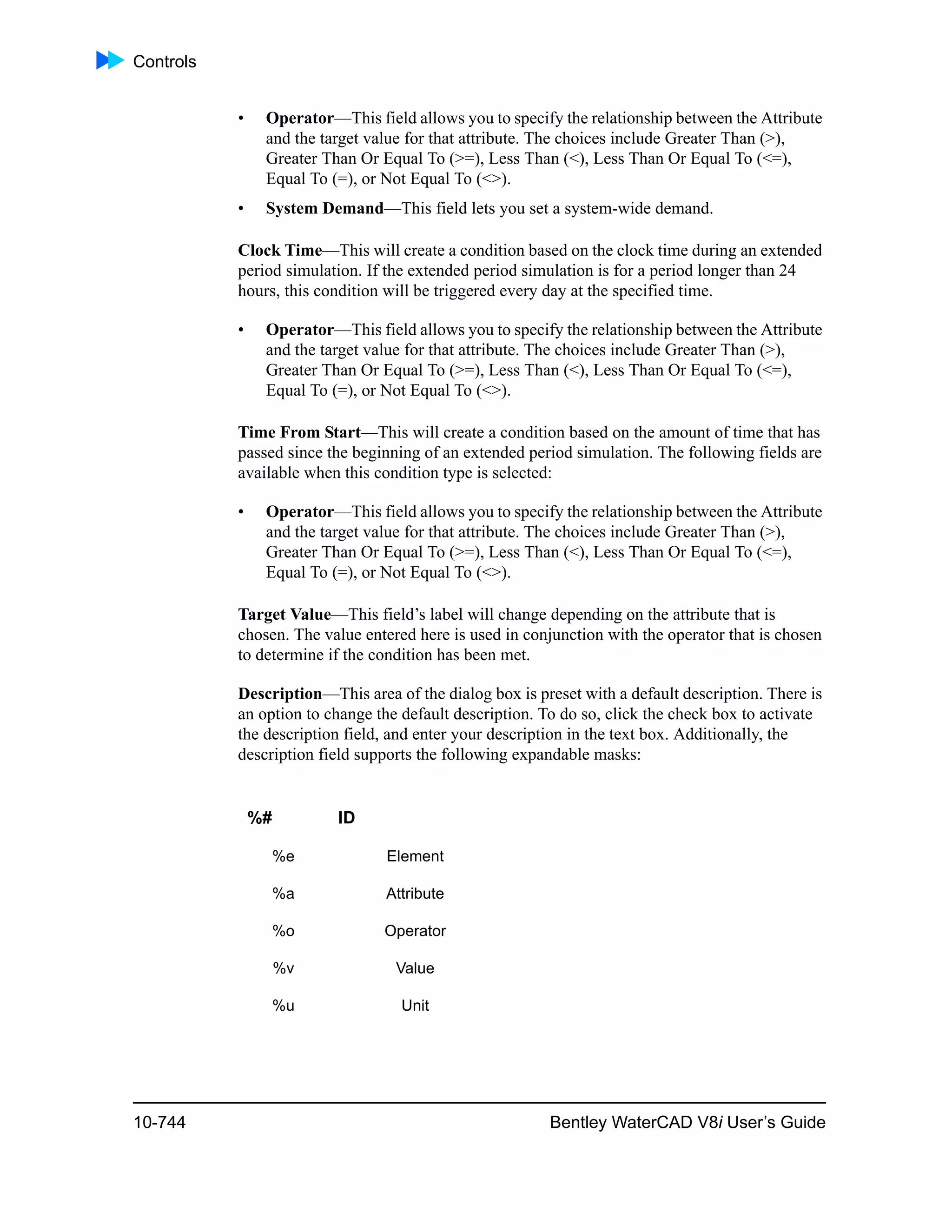 Controls
10-744 Bentley WaterCAD V8i User’s Guide
• Operator—This field allows you to specify the relationship between the Attribute
and the target value for that attribute. The choices include Greater Than (>),
Greater Than Or Equal To (>=), Less Than (<), Less Than Or Equal To (<=),
Equal To (=), or Not Equal To (<>).
• System Demand—This field lets you set a system-wide demand.
Clock Time—This will create a condition based on the clock time during an extended
period simulation. If the extended period simulation is for a period longer than 24
hours, this condition will be triggered every day at the specified time.
• Operator—This field allows you to specify the relationship between the Attribute
and the target value for that attribute. The choices include Greater Than (>),
Greater Than Or Equal To (>=), Less Than (<), Less Than Or Equal To (<=),
Equal To (=), or Not Equal To (<>).
Time From Start—This will create a condition based on the amount of time that has
passed since the beginning of an extended period simulation. The following fields are
available when this condition type is selected:
• Operator—This field allows you to specify the relationship between the Attribute
and the target value for that attribute. The choices include Greater Than (>),
Greater Than Or Equal To (>=), Less Than (<), Less Than Or Equal To (<=),
Equal To (=), or Not Equal To (<>).
Target Value—This field’s label will change depending on the attribute that is
chosen. The value entered here is used in conjunction with the operator that is chosen
to determine if the condition has been met.
Description—This area of the dialog box is preset with a default description. There is
an option to change the default description. To do so, click the check box to activate
the description field, and enter your description in the text box. Additionally, the
description field supports the following expandable masks:
%# ID
%e Element
%a Attribute
%o Operator
%v Value
%u Unit
 