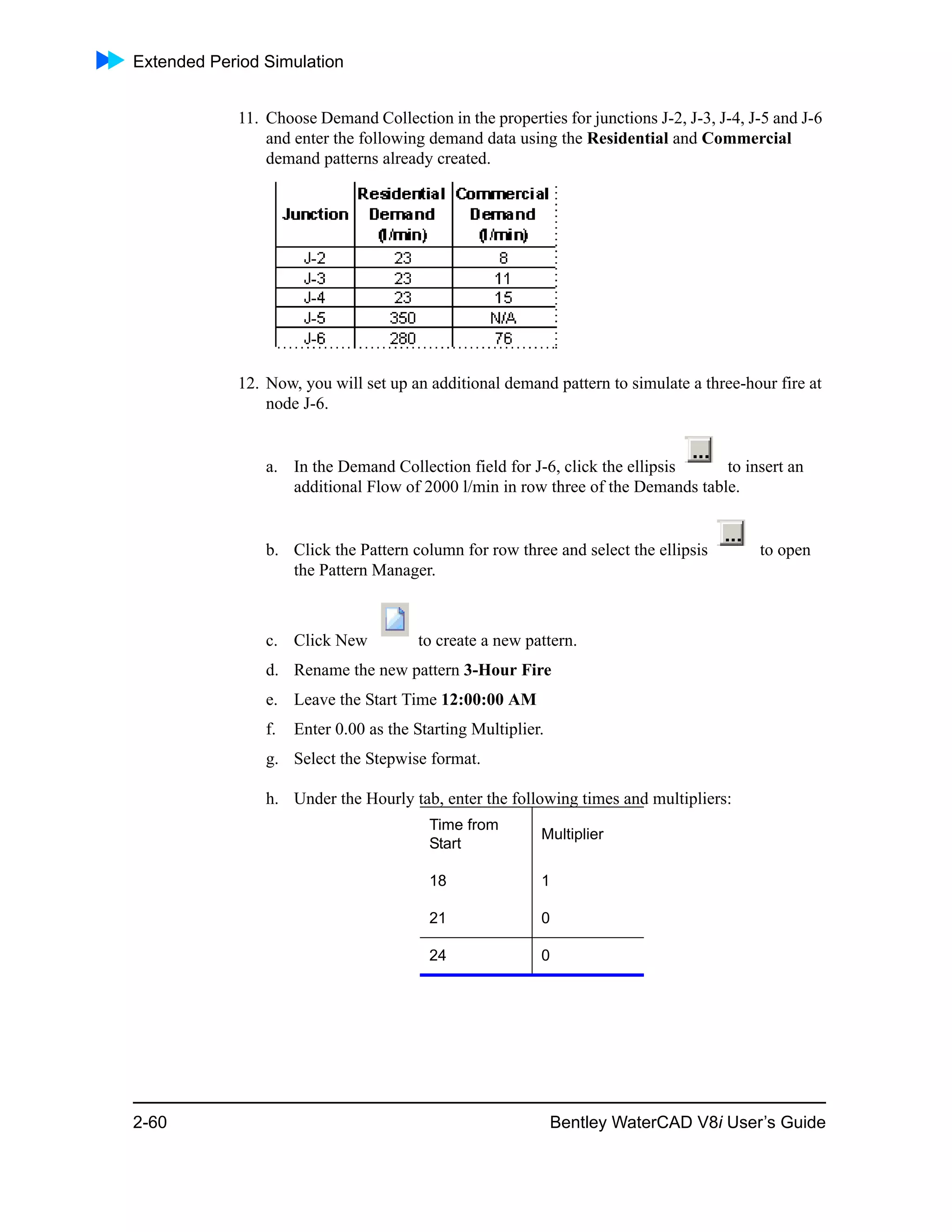 Extended Period Simulation
2-60 Bentley WaterCAD V8i User’s Guide
11. Choose Demand Collection in the properties for junctions J-2, J-3, J-4, J-5 and J-6
and enter the following demand data using the Residential and Commercial
demand patterns already created.
12. Now, you will set up an additional demand pattern to simulate a three-hour fire at
node J-6.
a. In the Demand Collection field for J-6, click the ellipsis to insert an
additional Flow of 2000 l/min in row three of the Demands table.
b. Click the Pattern column for row three and select the ellipsis to open
the Pattern Manager.
c. Click New to create a new pattern.
d. Rename the new pattern 3-Hour Fire
e. Leave the Start Time 12:00:00 AM
f. Enter 0.00 as the Starting Multiplier.
g. Select the Stepwise format.
h. Under the Hourly tab, enter the following times and multipliers:
Time from
Start
Multiplier
18 1
21 0
24 0
 