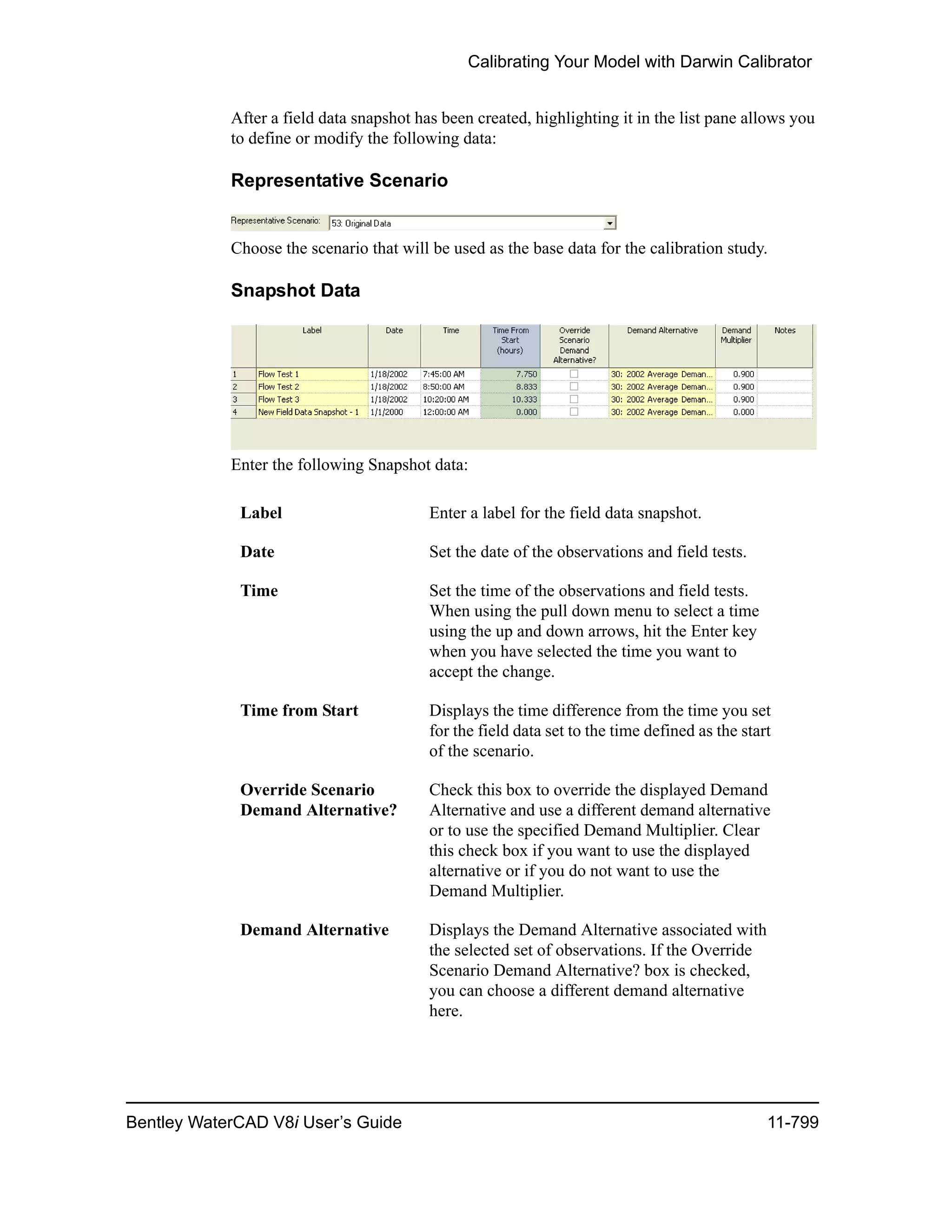 Calibrating Your Model with Darwin Calibrator
Bentley WaterCAD V8i User’s Guide 11-799
After a field data snapshot has been created, highlighting it in the list pane allows you
to define or modify the following data:
Representative Scenario
Choose the scenario that will be used as the base data for the calibration study.
Snapshot Data
Enter the following Snapshot data:
Label Enter a label for the field data snapshot.
Date Set the date of the observations and field tests.
Time Set the time of the observations and field tests.
When using the pull down menu to select a time
using the up and down arrows, hit the Enter key
when you have selected the time you want to
accept the change.
Time from Start Displays the time difference from the time you set
for the field data set to the time defined as the start
of the scenario.
Override Scenario
Demand Alternative?
Check this box to override the displayed Demand
Alternative and use a different demand alternative
or to use the specified Demand Multiplier. Clear
this check box if you want to use the displayed
alternative or if you do not want to use the
Demand Multiplier.
Demand Alternative Displays the Demand Alternative associated with
the selected set of observations. If the Override
Scenario Demand Alternative? box is checked,
you can choose a different demand alternative
here.
 