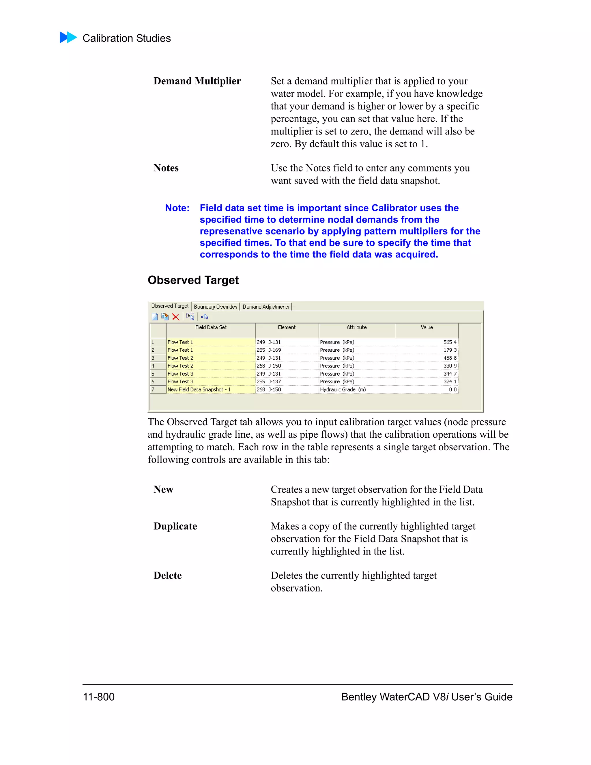 Calibration Studies
11-800 Bentley WaterCAD V8i User’s Guide
Note: Field data set time is important since Calibrator uses the
specified time to determine nodal demands from the
represenative scenario by applying pattern multipliers for the
specified times. To that end be sure to specify the time that
corresponds to the time the field data was acquired.
Observed Target
The Observed Target tab allows you to input calibration target values (node pressure
and hydraulic grade line, as well as pipe flows) that the calibration operations will be
attempting to match. Each row in the table represents a single target observation. The
following controls are available in this tab:
Demand Multiplier Set a demand multiplier that is applied to your
water model. For example, if you have knowledge
that your demand is higher or lower by a specific
percentage, you can set that value here. If the
multiplier is set to zero, the demand will also be
zero. By default this value is set to 1.
Notes Use the Notes field to enter any comments you
want saved with the field data snapshot.
New Creates a new target observation for the Field Data
Snapshot that is currently highlighted in the list.
Duplicate Makes a copy of the currently highlighted target
observation for the Field Data Snapshot that is
currently highlighted in the list.
Delete Deletes the currently highlighted target
observation.
 