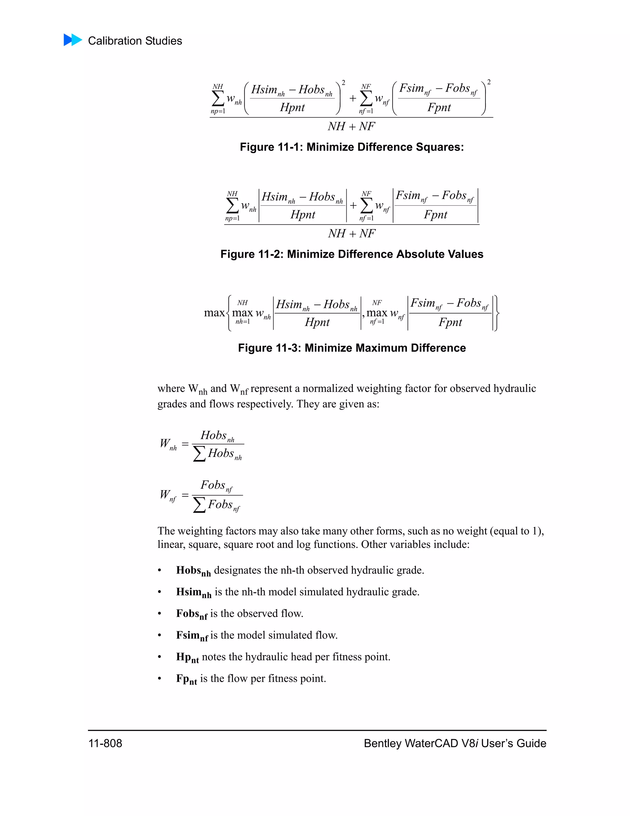 Calibration Studies
11-808 Bentley WaterCAD V8i User’s Guide
Figure 11-1: Minimize Difference Squares:
Figure 11-2: Minimize Difference Absolute Values
Figure 11-3: Minimize Maximum Difference
where Wnh and Wnf represent a normalized weighting factor for observed hydraulic
grades and flows respectively. They are given as:
The weighting factors may also take many other forms, such as no weight (equal to 1),
linear, square, square root and log functions. Other variables include:
• Hobsnh designates the nh-th observed hydraulic grade.
• Hsimnh is the nh-th model simulated hydraulic grade.
• Fobsnf is the observed flow.
• Fsimnf is the model simulated flow.
• Hpnt notes the hydraulic head per fitness point.
• Fpnt is the flow per fitness point.
NFNH
Fpnt
FobsFsim
w
Hpnt
HobsHsim
w
NF
nf
nfnf
nf
NH
np
nhnh
nh






 





 
  1
2
1
2
NFNH
Fpnt
FobsFsim
w
Hpnt
HobsHsim
w
NF
nf
nfnf
nf
NH
np
nhnh
nh




  11







 
 Fpnt
FobsFsim
w
Hpnt
HobsHsim
w
nfnf
nf
NF
nf
nhnh
nh
NH
nh 11
max,maxmax


nh
nh
nh
Hobs
Hobs
W


nf
nf
nf
Fobs
Fobs
W
 