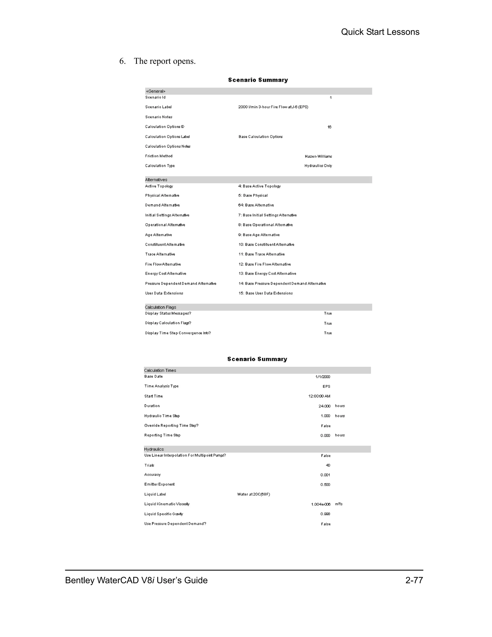 Quick Start Lessons
Bentley WaterCAD V8i User’s Guide 2-77
6. The report opens.
 