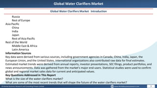 © Dhirtek Business Research and Consulting Private Limited www.dhirtekbusinessresearch.com
Global Water Clarifiers Market
Global Water Clarifiers Market Introduction
7
Russia
Rest of Europe
Asia Pacific
China
India
Japan
Rest of Asia Pacific
Rest of the World
Middle East & Africa
Latin America
Information Sources
Key data were derived from various sources, including government agencies in Canada, China, India, Japan, the
European Union, and the United States. International organizations also contributed raw data for final estimates.
Estimated market trends were derived from annual reports, investor presentations, SEC filings, product portfolios, and
news announcements. Data was gathered from the market's major end-users. Statistical studies were used to confirm
global and regional market sales data for current and anticipated values.
Key Questions Addressed in This Report
What is the size of the water clarifiers market?
What are some of the most recent trends that will shape the future of the water clarifiers market?
 