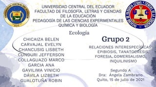 Ecología
Grupo 2
CHICAIZA BELEN
CARVAJAL EVELYN
CHANCUSIG LISBETH
CUNDURI JEFFERSON
COLLAGUAZO MARCO
GARCIA ANA
GAVILIMA VINICIO
DÁVILA LIZBETH
GUALOTUÑA ROBIN
RELACIONES INTERESPECÍFICAS:
EPIBIOSIS, TANATOCRESIS,
FORESIA, COMERSALISMO,
INQUILINISMO
Segundo A
Dra: Ángela Zambrano
Quito, 15 de julio de 2021
UNIVERSIDAD CENTRAL DEL ECUADOR
FACULTAD DE FILOSOFÍA, LETRAS Y CIENCIAS
DE LA EDUCACIÓN
PEDAGOGÍA DE LAS CIENCIAS EXPERIMENTALES
QUÍMICA Y BIOLOGÍA
 