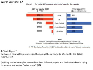 Water Conflicts: SAM




2. Study Figure 2.
(a) Suggest how water resources and human wellbeing might be affected by the data in
Figure 2. (10)

(b) Using named examples, assess the role of different players and decision makers in trying
to secure a sustainable ‘water future’. (15)
 