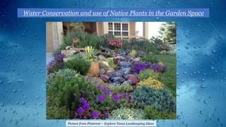 Water Conservation and use of Native Plants in the Garden Space
Picture from Pinterest – Explore Texas Landscaping Ideas
 