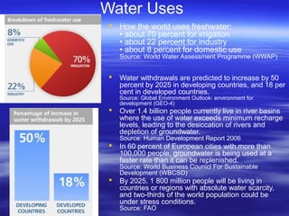 Water Uses
 How the world uses freshwater:
• about 70 percent for irrigation
• about 22 percent for industry
• about 8 percent for domestic use
Source: World Water Assessment Programme (WWAP)
 Water withdrawals are predicted to increase by 50
percent by 2025 in developing countries, and 18 per
cent in developed countries.
Source: Global Environment Outlook: environment for
development (GEO-4)
 Over 1.4 billion people currently live in river basins
where the use of water exceeds minimum recharge
levels, leading to the desiccation of rivers and
depletion of groundwater.
Source: Human Development Report 2006
 In 60 percent of European cities with more than
100,000 people, groundwater is being used at a
faster rate than it can be replenished.
Source: World Business Counicl For Sustainable
Development (WBCSD)
 By 2025, 1 800 million people will be living in
countries or regions with absolute water scarcity,
and two-thirds of the world population could be
under stress conditions.
Source: FAO
 
