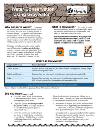 Water Conservation
            Using Greywater                                                              Wastewater Management
                                                                                               Program
                            FACT SHEET                                                             May 2005



Why conserve water?                     Conserving                 What is greywater?                    Greywater is waste-
  our water resources is important in times of nor-                     water from bathtubs, showers, bathroom sinks, wash-
  mal rainfall, but even more so during periods of                      ing machines, dishwashers and kitchen sinks: any
  extended drought. Our ground water and surface                        source in your home other than toilets.
  water supplies can be emptied faster than they
                                                                        It is important to understand that greywater
  can be refilled with rain and snowmelt. By using
                                                                        can contain harmful bacteria, viruses, and
  water wisely now, you help to ensure that there
                                                                        chemicals that pose a risk to public health
  will be enough water for everyone in the future.
                                                                        and the environment if mishandled.
  If handled carefully, greywater can be used in
  place of fresh water in subsurface irrigation
  systems. However, using less water in the first
  place is cheaper, easier, and safer than installing
  a greywater system for irrigating your land-
  scape, and…it’s something everyone can do!

                                            What’s in Greywater?
  Greywater Source                     Characteristics*
  Clothes Washer.….......              Bacteria, bleach, foam, high pH, hot water, nitrates, oil and grease, salinity, soaps,
                                       sodium and suspended solids
  Bathtub and Shower….                 Bacteria, hair, hot water, odor, oil and grease, soaps, and suspended solids

  Sinks………………….                        Bacteria, food particles, hot water, odor, oil and grease, organic matter, soaps,
                                       high pH and sodium (from dishwasher), and suspended solids

                              * These characteristics make it necessary to handle greywater carefully.
Source: Adapted from Small Flows Quarterly, Winter 2001, Volume 2, Number 1


Did You Know………..?
        •   Greywater makes up the largest portion                  Subsurface irrigation with greywater offers a way to
            of wastewater from your home…up to 40                   conserve water. However, greywater may not meet all
            gallons per person each day.                            of your landscape irrigation needs all year round.
        •   Greywater systems must irrigate below                   •     Some times of the year, your plants may need more
            the ground surface by using a drainfield                      water than can be supplied by greywater irrigation
            or a suitable drip irrigation system to                       …..other times of the year, your home may generate
            reduce health risks.                                          more greywater than your plants can use.
        •   Greywater systems are usually cheaper                   •     Some chemicals in greywater can be harmful to plants.
            and easier to install during construction                     (For information about suitable plants for greywater,
            of a new home. Re-plumbing an existing                        please see Greywater Plant Choices at:
            building can be expensive and may be                          http://www.doh.wa.gov/ehp/ts/ww/greywater/
            impractical.                                                  greywater-5.htm#plantchoices.
 