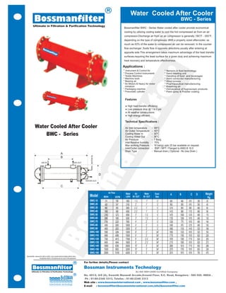 R
                                                                                                                                                  Water Cooled After Cooler
             Bossmanfilter                                                                                                                                                                           BWC - Series
           Ultimate in Filtration & Purification Technology
                                                                                                                                        Bossmanfilter BWC - Series Water cooled after cooler provide economical
                                                                                                                                        cooling by utilizing cooling water to cool the hot compressed air from an air
                                                                                                                                        compressor.Discharge air from an air compressor is generally 180°F - 350°F,
                                                                                                                                        depending on the type of compressor. With a properly sized aftercooler, as




                                                                                                                                                                             R
                                                                                                                                        much as 63% of the water in compressed air can be removed. In the counter
                                                                                                                                        flow exchanger ,fluids flow in opposite directions,usually after entering at
                                                                                                                                        apposite side.This arrangement takes maximum advantage of the heat transfer
                                                                                                                                        surfaces,requiring the least surface for a given duty and achieving maximum
                                                                                                                                        heat recovery and temperature effectiveness.

                                                                                                                                        Applications :
                                                                                                                                        * Instrument & Control Air                    *   Sensors in fluid technology
                                                                                                                                        * Process Control Instruments                 *   Sand blasting unit




                                                                                                                                                                er
                                                                                                                                        * Textile Machines                            *   Handling of food and beverages
                                                                                                                                        * Machine tools                               *   Semi conductor manufacturing
                                                                                                                                        * Bearing air                                 *   Wind tunnels
                                                                                                                                        * Air Motors & Heavy Air motor                *   Pharmaceutical manufacturing
                                                                                                                                          miniature                                   *   Breathing air
                                                                                                                                        * Packaging machine                           *   Conveyance of hygroscopic products
                                                                                                                                        * Pneumatic cylinder                          *   Paint spray & Powder coating


                                                                                                                                         Features




                                                                                                                                            t
                                                                                                                                         ¨ High heat transfer efficiency
                                                                                                                                         ¨ Low pressure drop @ 1 to 2 psi
                                                                                                                                         ¨ All weather constructions




                                                                                                                                        fil
                                                                                                                                         ¨ High energy efficient

                                                                                                                                         Technical Specifications :
              Water Cooled After Cooler                                                                                                  Air Inlet temperature         -    99°C
                                                                                                                                         Air Outlet Temperature         -   40°C
                  BWC - Series                                                                                                           Cooling Water In
                                                                                                                                         Cooling Water Out
                                                                                                                                                                       -
                                                                                                                                                                       -
                                                                                                                                                                            30°C
                                                                                                                                                                            36°C
                                                                                                                                         Air Pressure                  -    7 Barg
                                                                                                              an
                                                                                                                                         Inlet Relative humidity        -   70%
                                                                                                                                         Max working Pressure          -    16 bar(g) upto 25 bar available on request.
                                                                                                                                         Inlet/Outlet connection       -     BSP / NPT / Flanged to ANSI B 16.5
                                                                                                                                         Drain Type                    -    Manual drain,( Optional - No loss Drain )
                                                                                                  m

                                                                                                                     Air Flow             Water     Air      Water           Drain                                         Weight
                                                                                                                                                                                             A       B        C     D
                                                                                                  Model
                                                                                          ss


                                                                                                             M3/Hr              SCFM      Lit/Hr IN / OUT   IN / OUT         Size                                            Kg
                                                                                                  BWC-10      270                 159      1800    1 ½”         1”            ½”             800     460    615      350    35
                                                                                                  BWC-20      420                 247      2100     2”         1”             ½”             950     585    815      350    45
                                                                                                  BWC-30      960                 565      3800    2 ½”        1”             ½”            1215     805    965      460    90
                                                                                                  BWC-40      1680                988      4500    2 ½”        1”             ½”            1415     980    1115     460    98
                                                                                                  BWC-50      2160               1272      5500     3”        1 ½”            ½”            1475     1050   1315     490   115
                                                                                                  BWC-60      2880               1695      6300     3”        1 ½”            ½”            1725     1280   1515     490   135
                                                      Bo




                                                                                                  BWC-70      3780               2225      7600     4”         2”             ½”            1250     775    1015     490   140
                                                                                                  BWC-80      4500               2650     10000     4”         2”             ½”            1450     975    1215     490   150
                                                                                                  BWC-90      4800               2825     12000     6”         2”             ½”            1660     1135   1415     525   168
                                                                                                  BWC-100     5580               3284     13000     6”         2”             3/4”          1850     1325   1615     525   183
                                                                                                  BWC-110     6960               4096     15500     6”         2”             3/4”          1770     1185   1515     620   228
                                                                                                  BWC-120     7500               4415     17000     8”        2 ½”            3/4”          1970     1395   1715     620   255
                                                                                                  BWC-130     8400               4944     19000     8”        2 ½”            3/4”          2170     1585   1915     620   273
                                                                                                  BWC-140    10800               6356     24000    10”         3”             3/4”          2085     1615   1715     650   298
                                                                                                  BWC-150    15000               8830     32000    10”         3”             3/4”          2375     1705   1915     650   338
                                                                                                  BWC-160    25800              15185     42000    12”         3”             3/4”          2515     1815   1915     750   470
Bossmanfilter reserves the right to modify, in any moment technical details without notice.
                      Accessories shown in the pictures are not a part of the equipments

                                                                                       R      For further details,Please contact

          Bossmanfilter                                                                       Bossman Instruments Technology
        Ultimate in Filtration & Purification Technology                                                                                            An ISO 9001:2008 Certified Company
                                                                                       R      No. 401/2, G/8 (A), Swastik Manandi Arcade,Ground Floor, S.C. Road, Bangalore - 560 020. INDIA .
                                                                                              Ph : 91-80-2346 3313, Telefax : 91-80-2346 3313
                                                                                              Web site : www.bossmaninternational.com , www.bossmanfilter.com ,
                                                                                              E-mail   : bossmanfilter@bossmaninternational.com,info@bossmanfilter.com
 