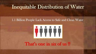 Inequitable Distribution of Water
1.1 Billion People Lack Access to Safe and Clean Water
That’s one in six of us !!
 