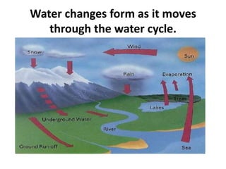 Water changes form as it moves through the water cycle. 