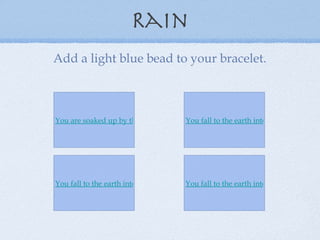 Rain Add a light blue bead to your bracelet. You fall to the earth into a lake. You fall to the earth into a river. You fall to the earth into the ocean. You are soaked up by the earth as ground water. 