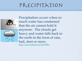 Precipitation Precipitation occurs when so much water has condensed that the air cannot hold it anymore.  The clouds get heavy and water falls back to the earth in the form of rain, hail, sleet or snow. http://www.kidzone.ws/WATER/   